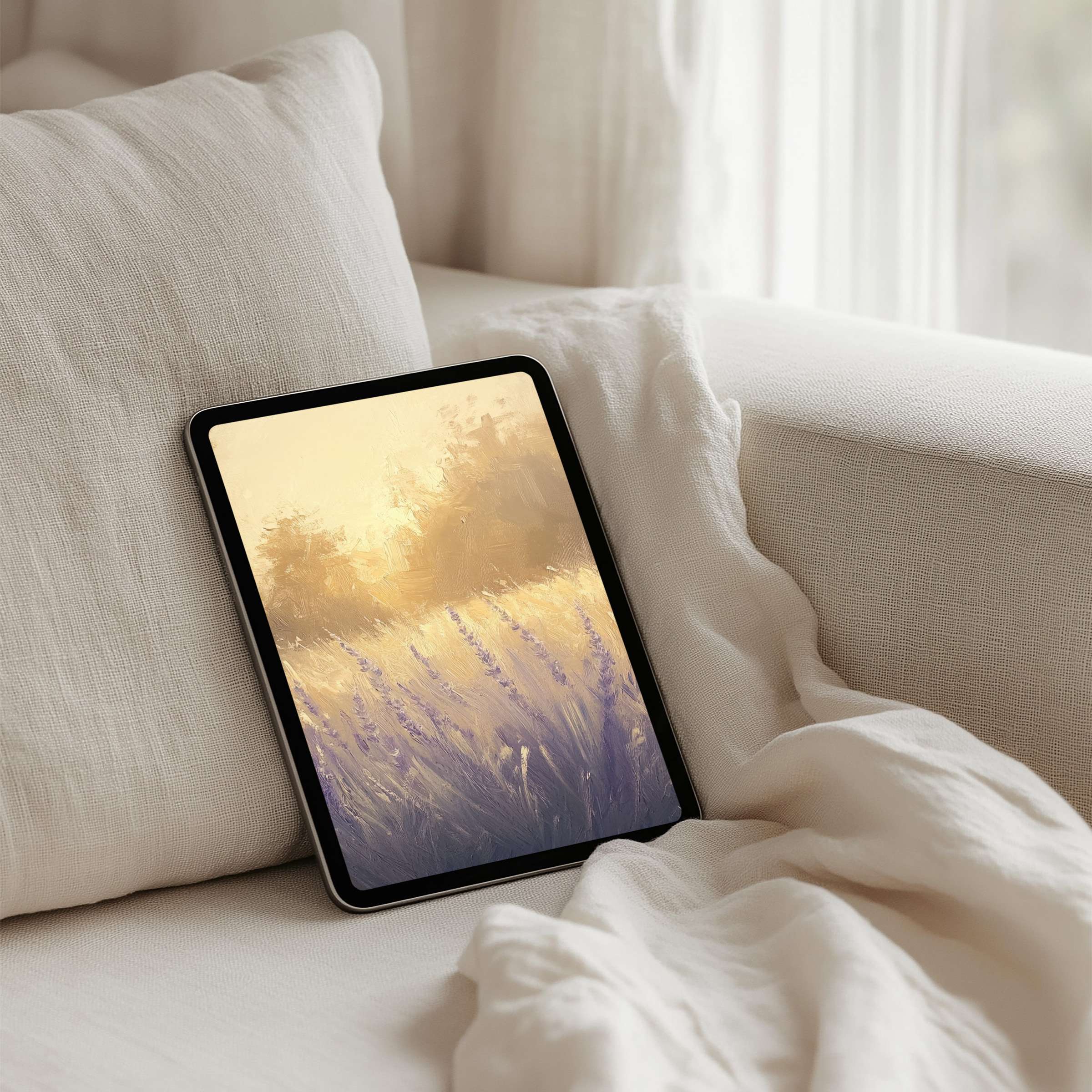 Elegant iPad background art in serene lavender fields evokes calm Perfect for any tablet, offering instant download ease