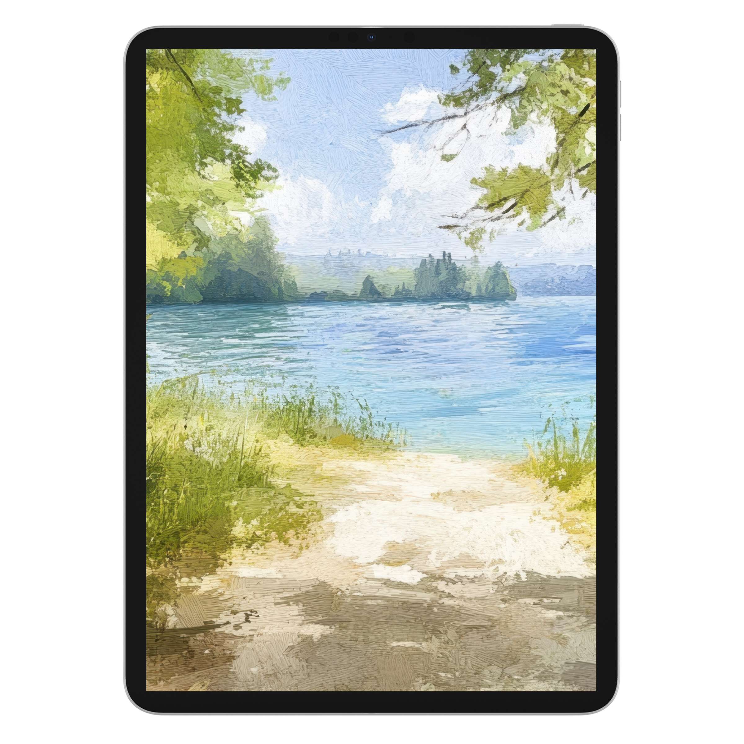 Elegant summer iPad wallpaper featuring serene lake and lush greenery, perfect digital download background for tablets and Android devices