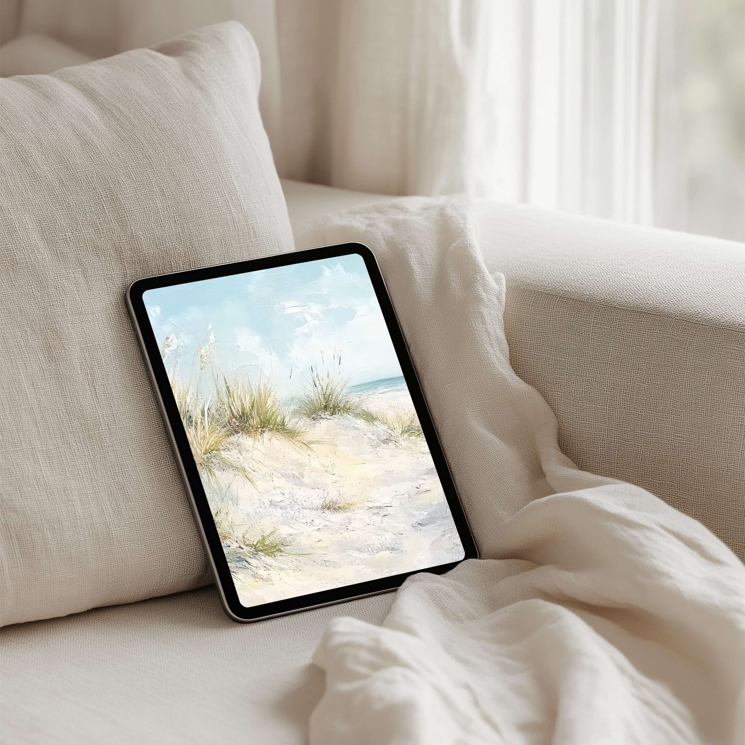 Elegant beach scene iPad background for instant download on tablet offering calm mindfulness and inspiration in any space