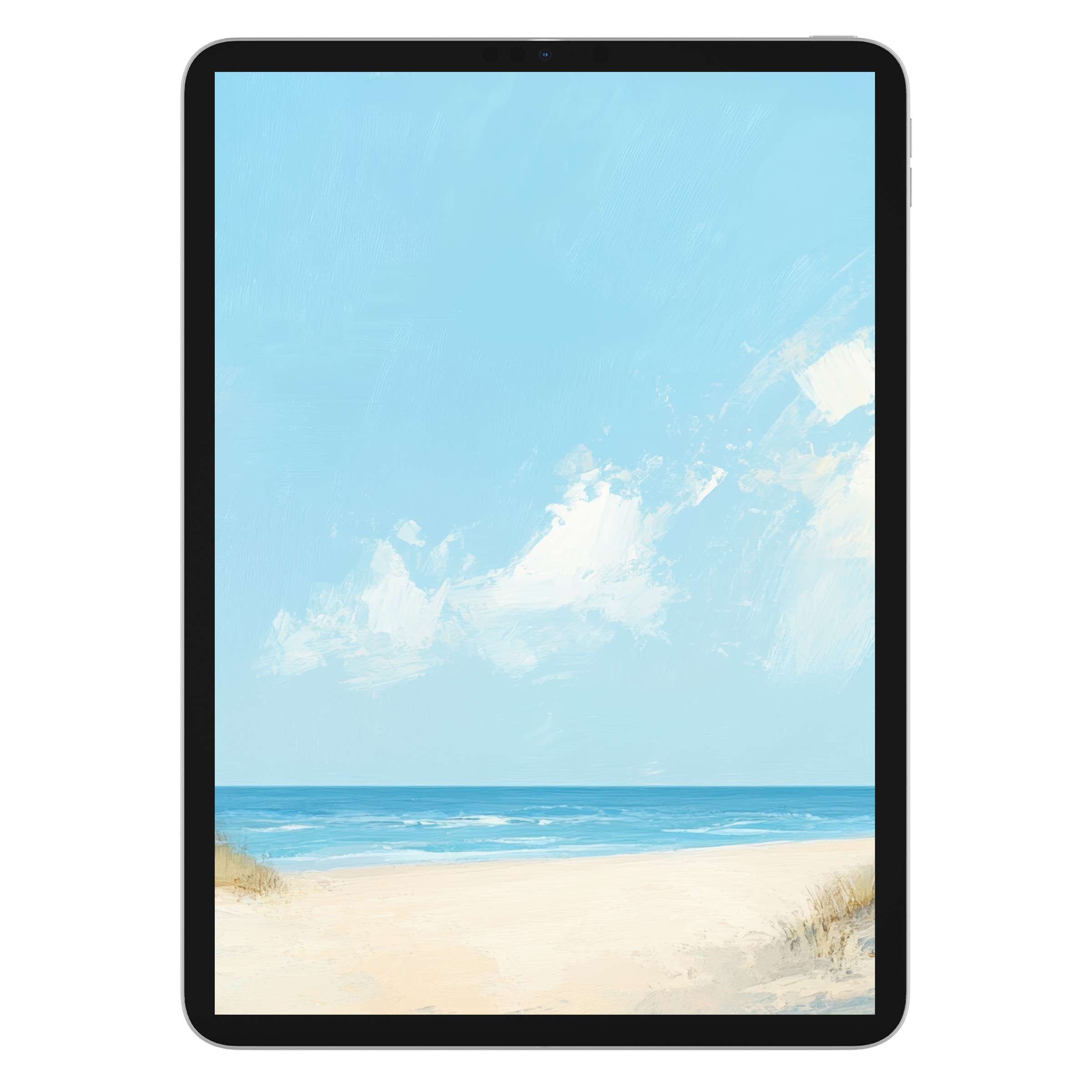 Serene beach with soft sand and tranquil waves in a calming summer iPad wallpaper, perfect digital download for tablet background