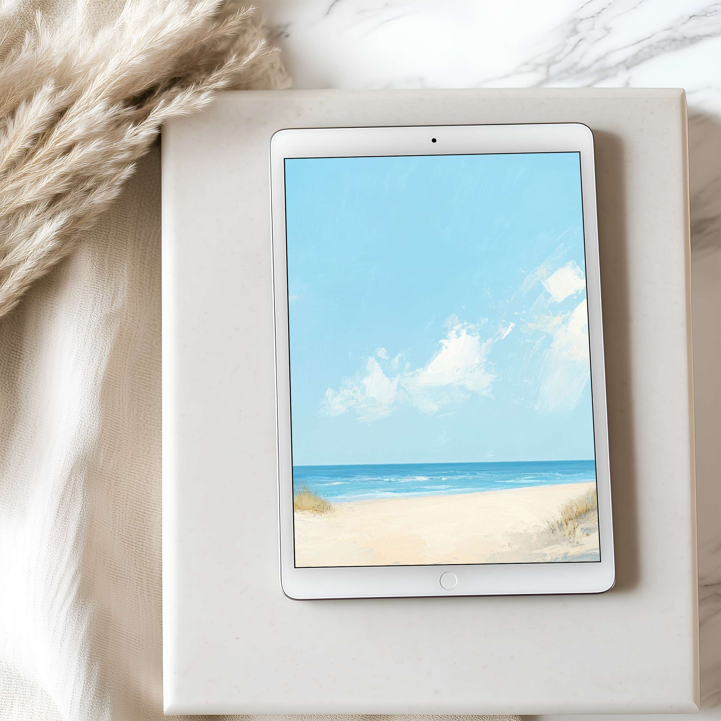 Serene beach scene as tablet wallpaper, with soft pastel blues and sandy tones, ideal for high-resolution iPad or Android digital download