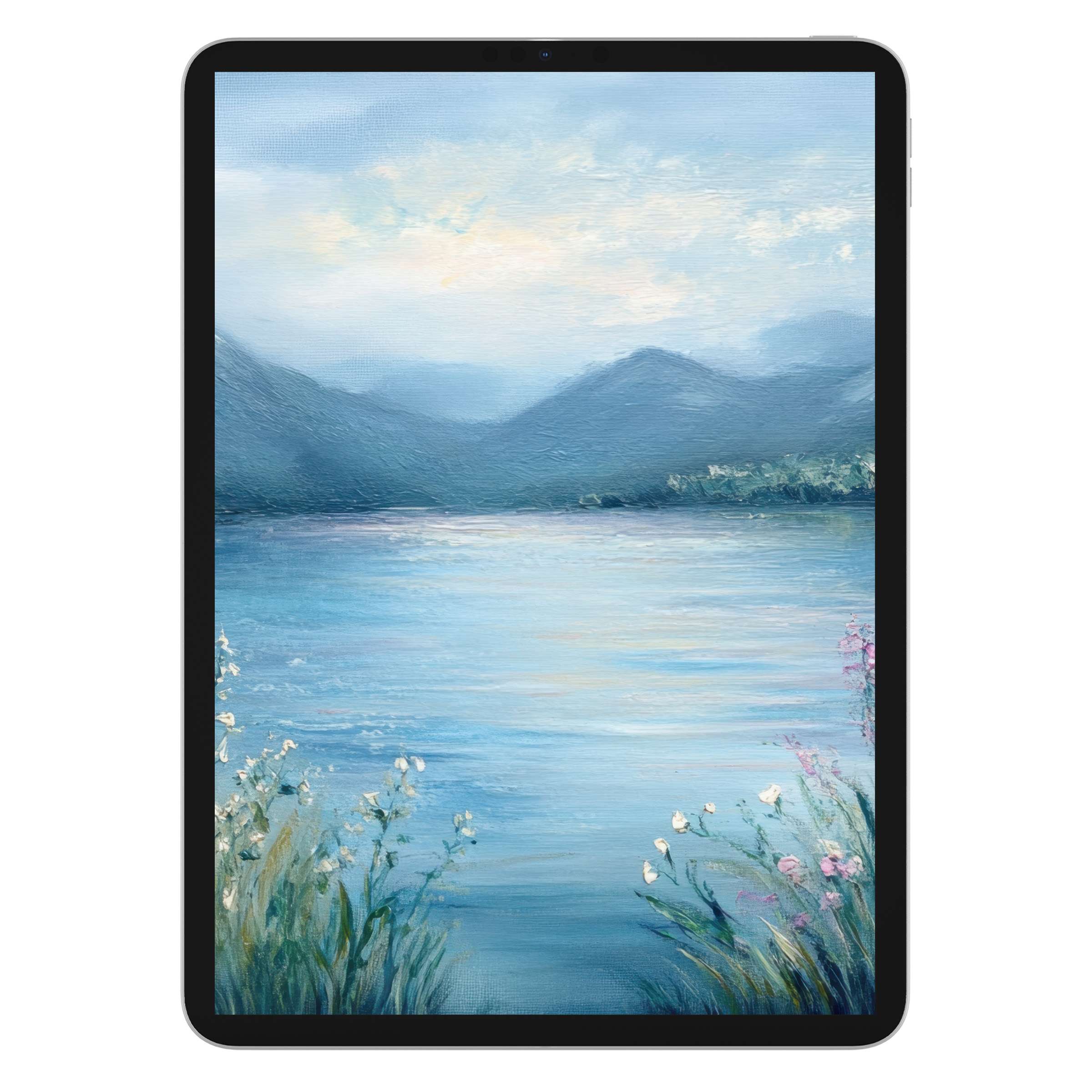 Tranquil summer iPad wallpaper with serene lakeside view, perfect digital download for tablet background, offering peace and style