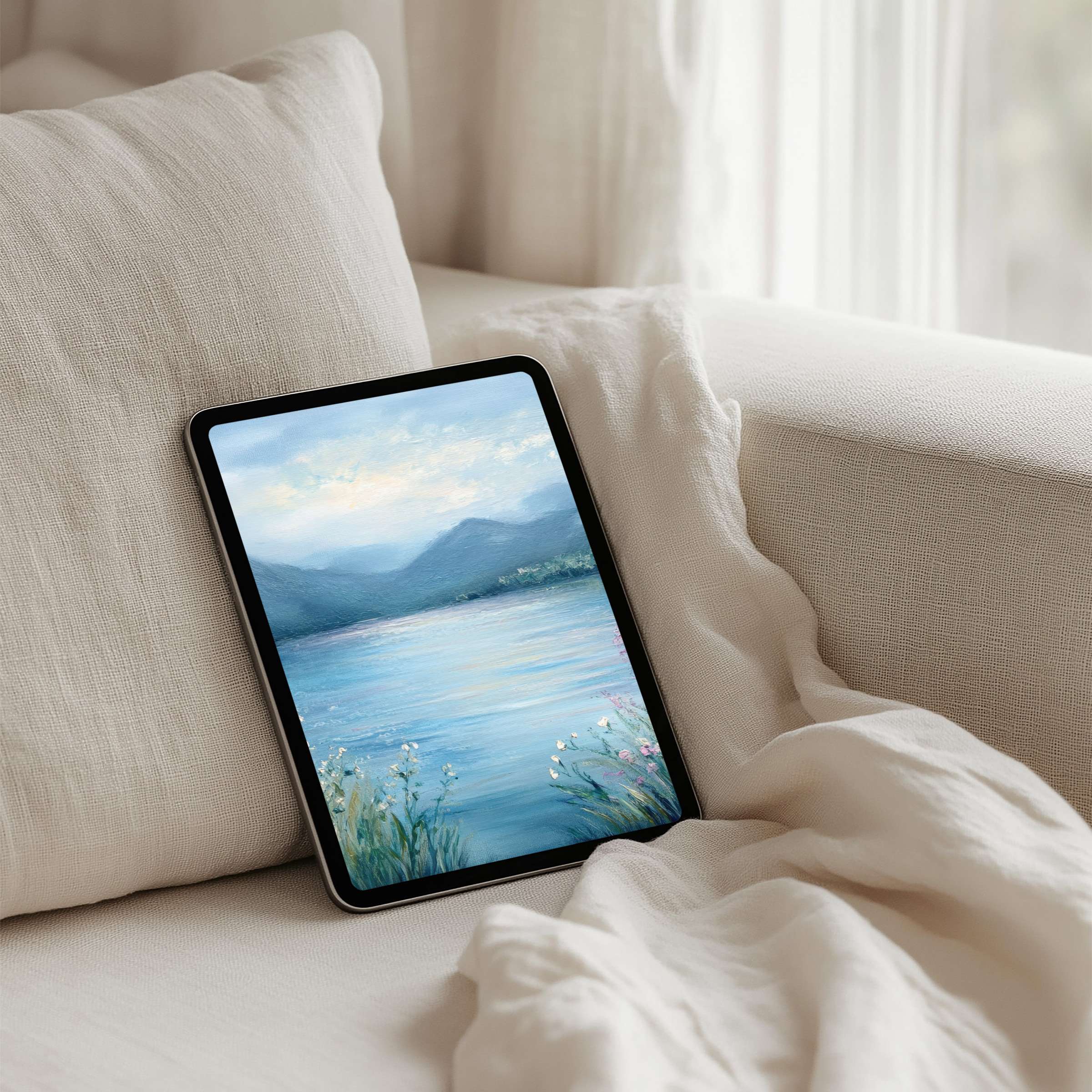 Cozy iPad background with serene lake and mountains for instant download, perfect for tablet users seeking elegance and mindfulness