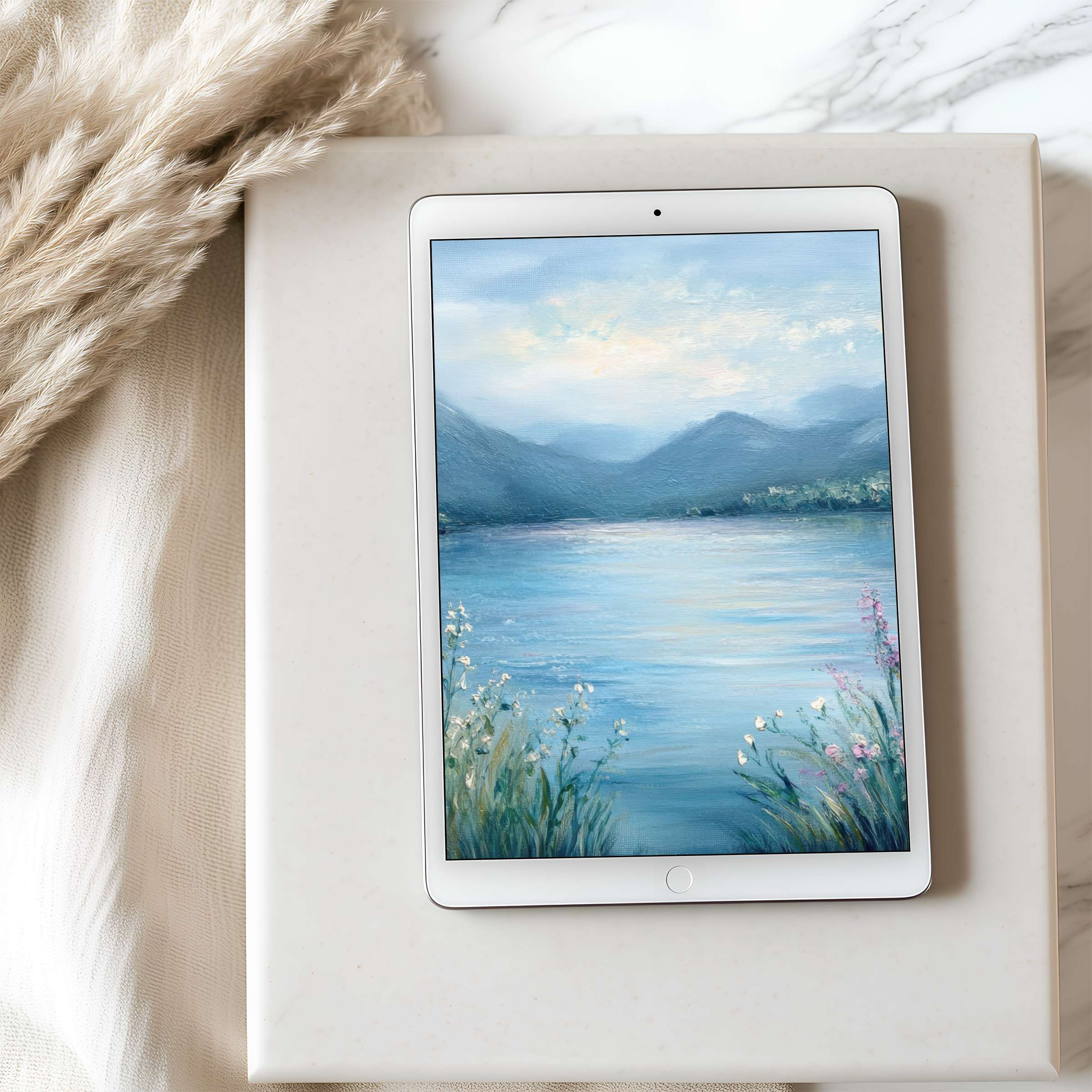 Serene lake and mountain landscape on tablet wallpaper, perfect high resolution art for iPad, bringing calm and elegance to your digital space
