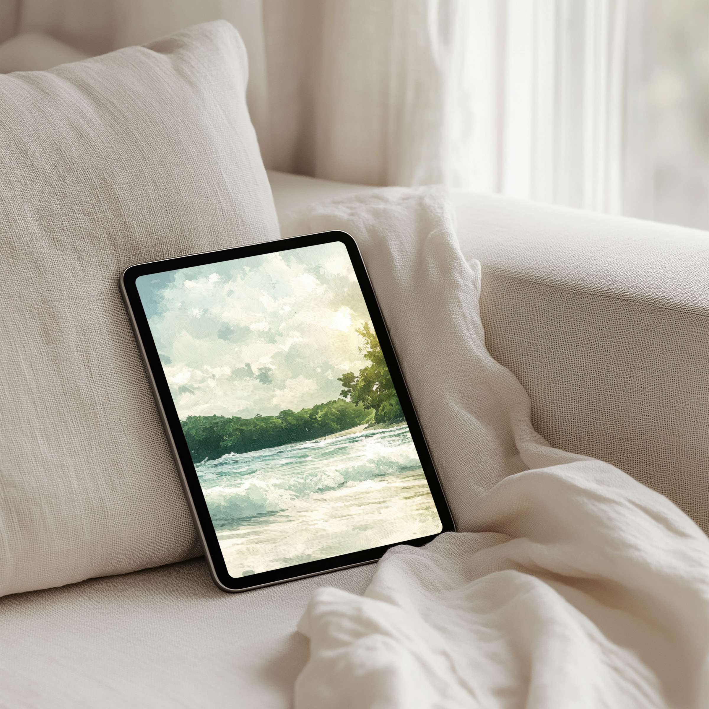 Calm waves painted in soft hues transform your tablet into an inspiring iPad background for instant download and mindful elegance