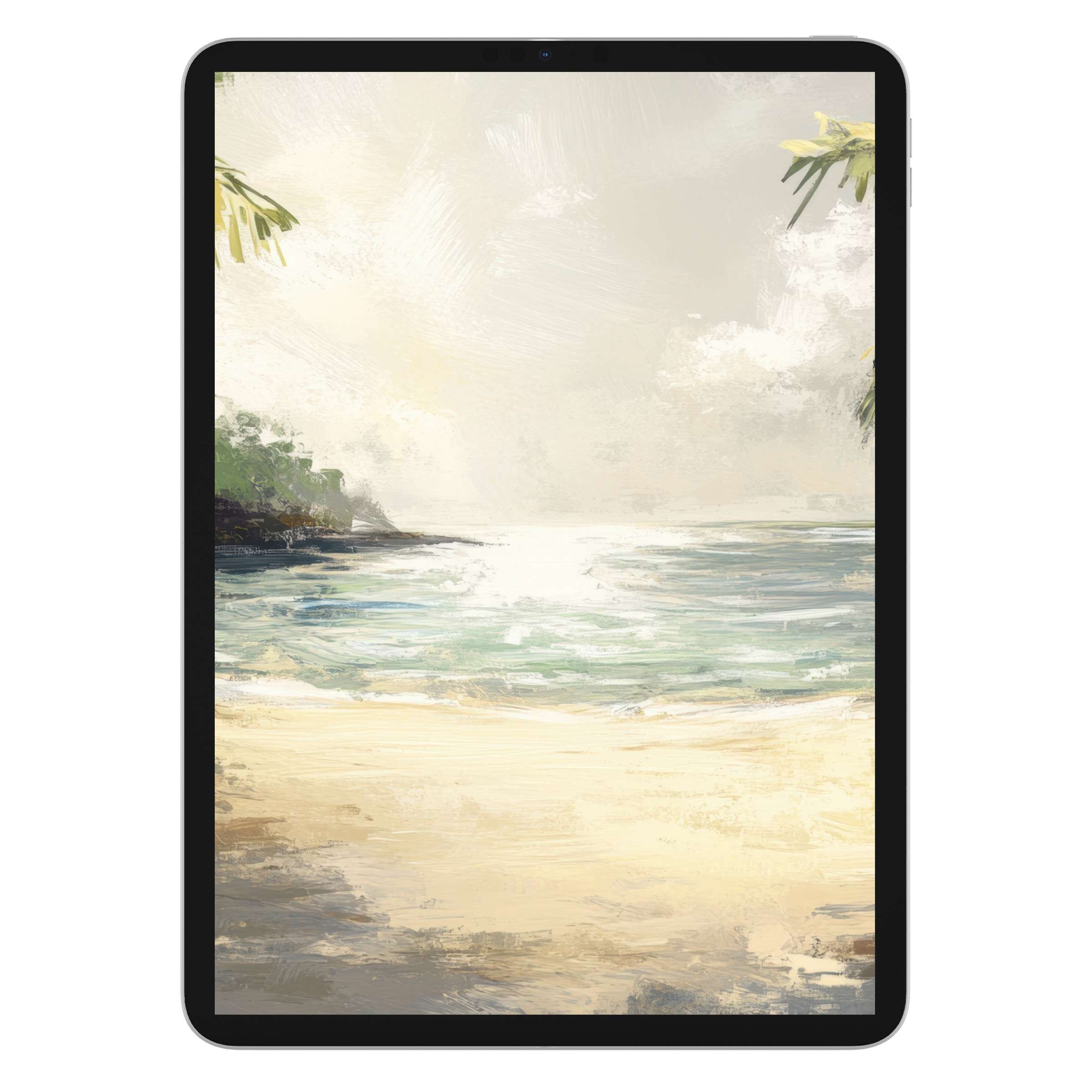 Sunlit beach scene with gentle waves and lush greenery creates a serene summer iPad wallpaper digital download for tablet background