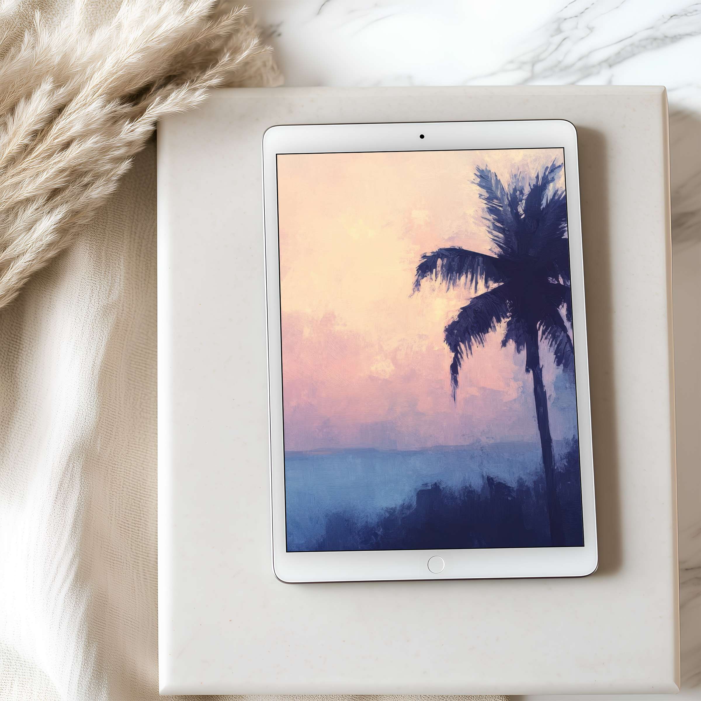 Elegant tablet wallpaper showcasing a serene palm silhouette against a pastel sunset, ideal for iPad and Android, high resolution download