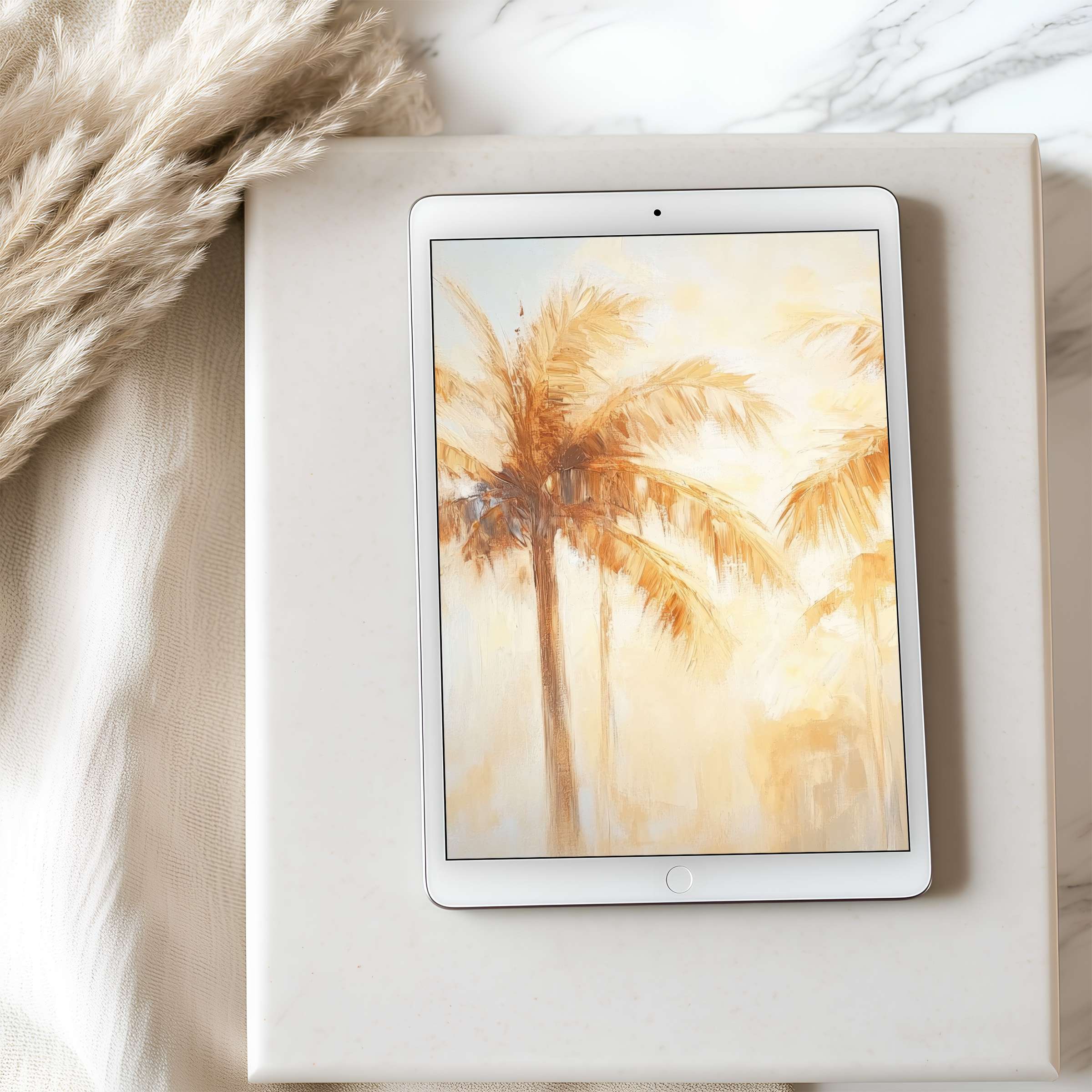 Elegant palm tree tablet wallpaper in warm tones perfect for iPad or Android screens offering a serene, curated digital download
