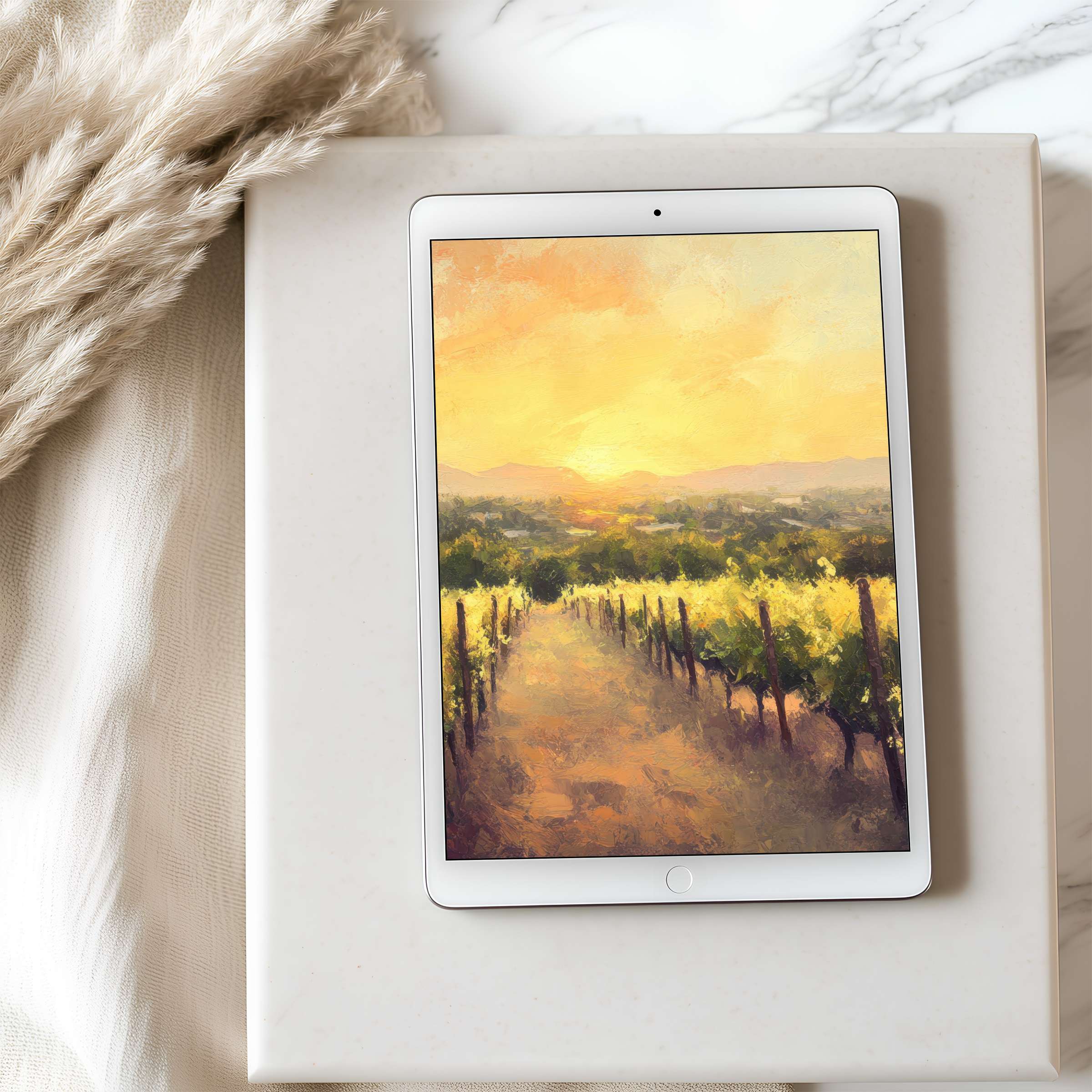 Elegant sunset landscape tablet wallpaper in high resolution enhances calm interiors with artistic charm, perfect for iPad and Android download
