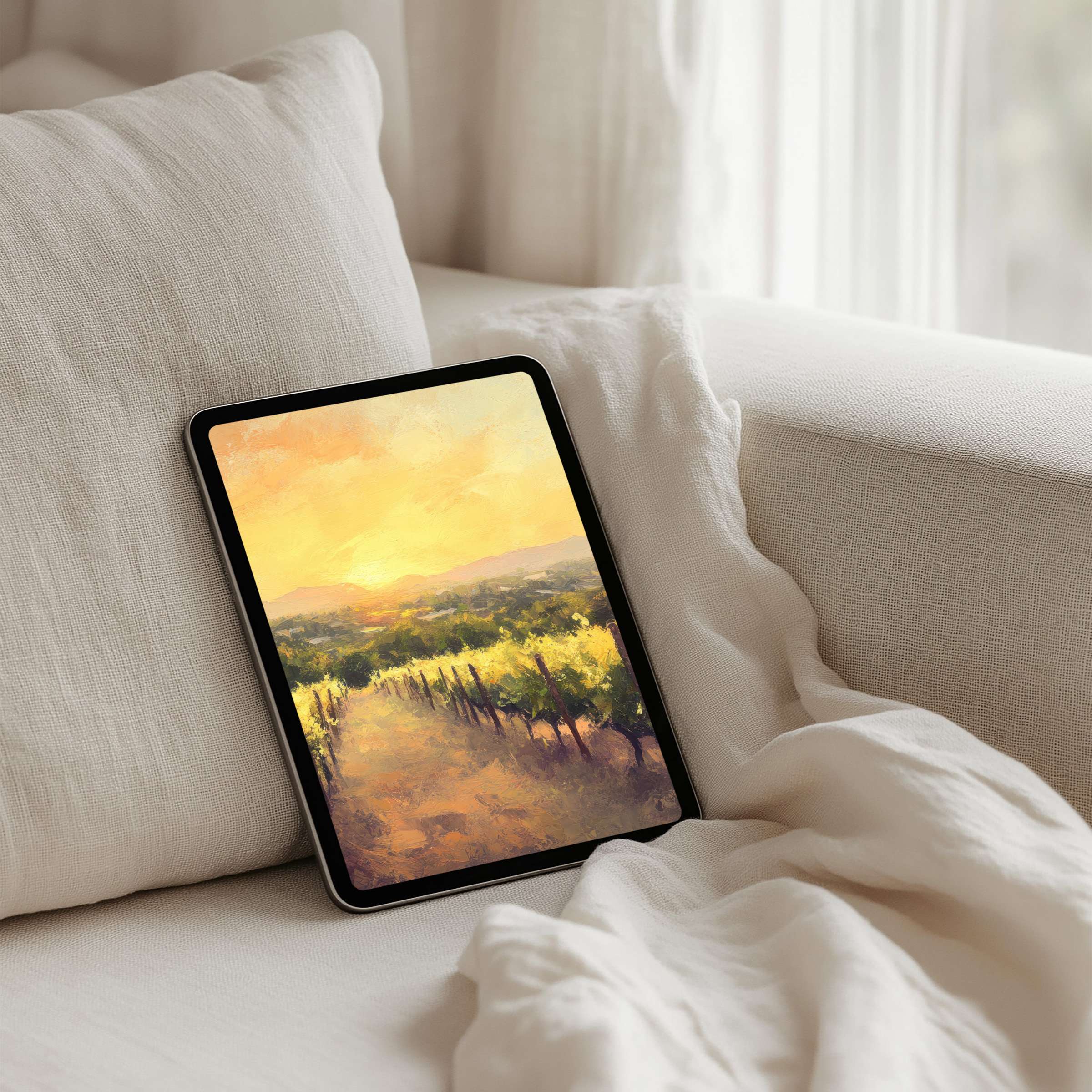 Tranquil sunset landscape painting as iPad background for instant download fits Samsung and Android tablets elegant calming ambiance