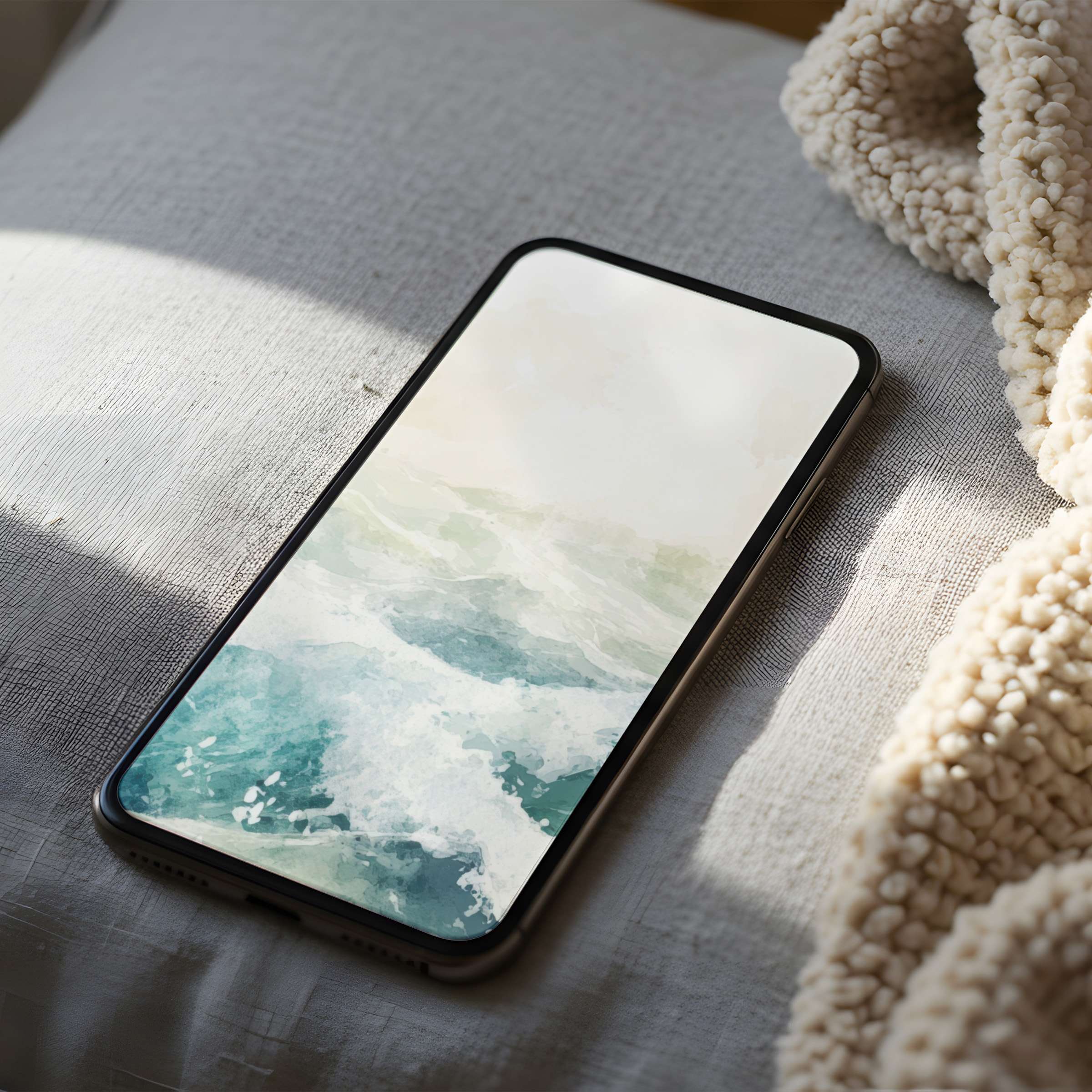 Elegant watercolor ocean phone wallpaper in high resolution on a comfy fabric setting perfect for iPhone and Android digital download