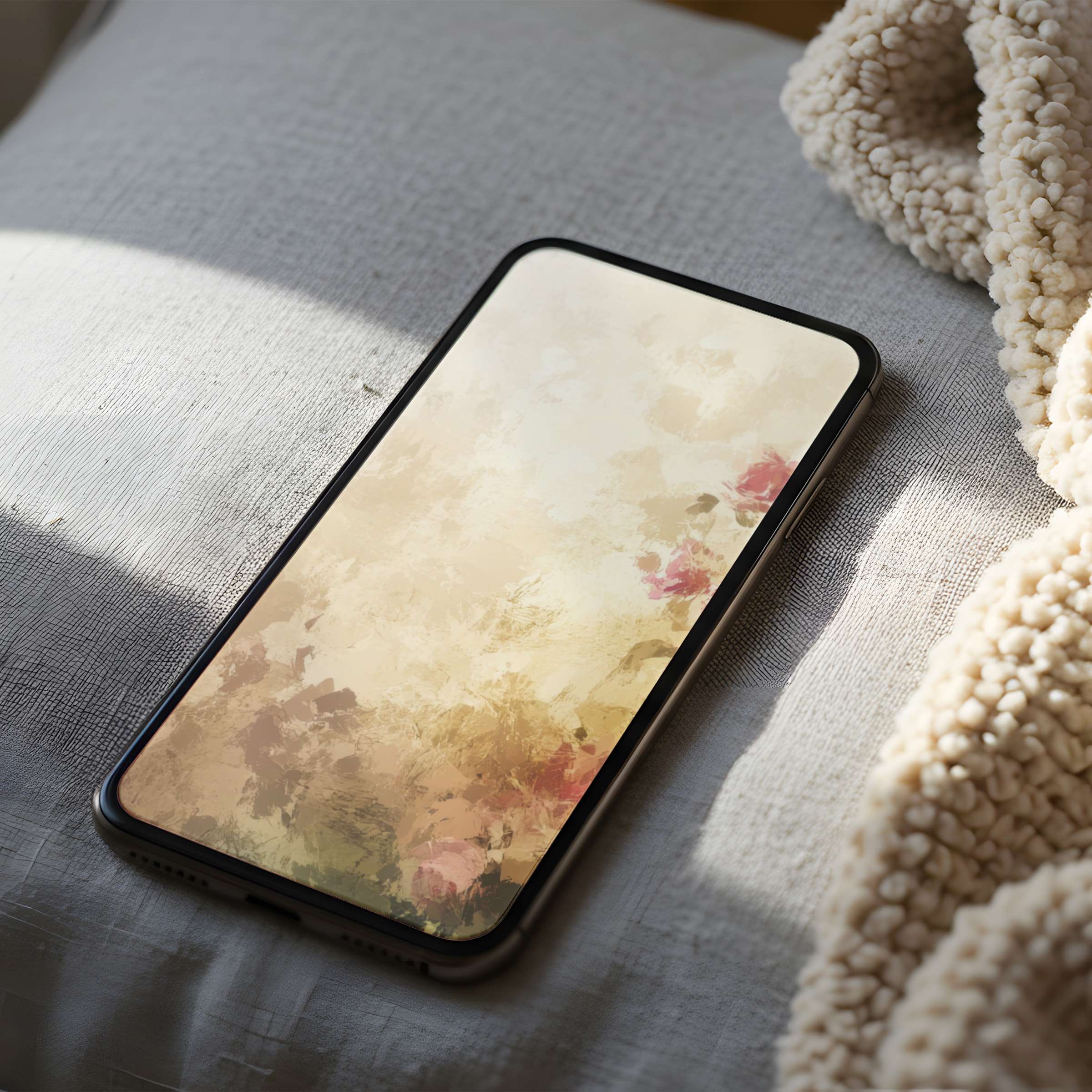 Elegant abstract floral phone wallpaper in soothing pastels on linen background is a high resolution digital download for iPhone and Android