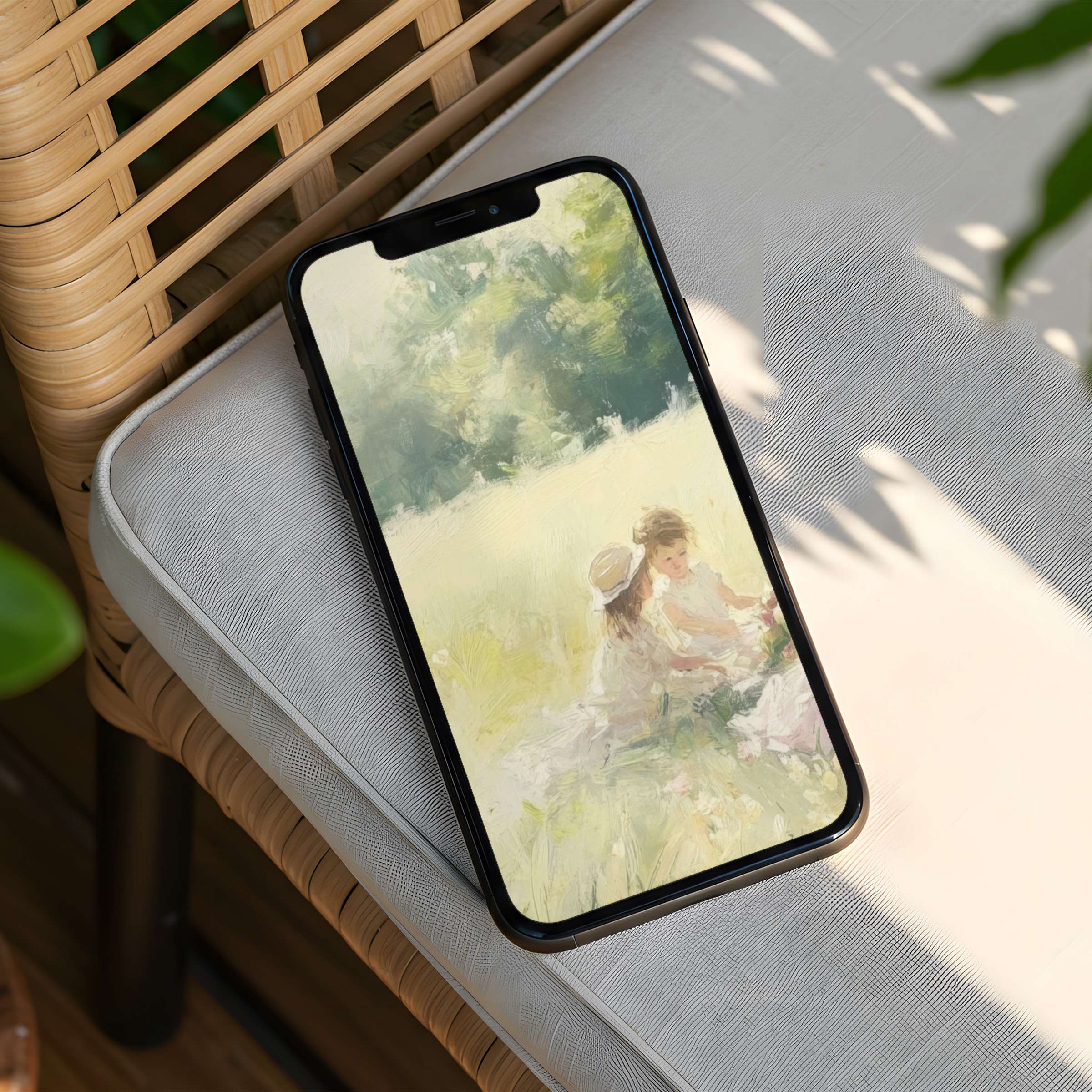 Elegant iPhone background with serene watercolor scene on a phone, perfect for instant download, offering calm and inspiration