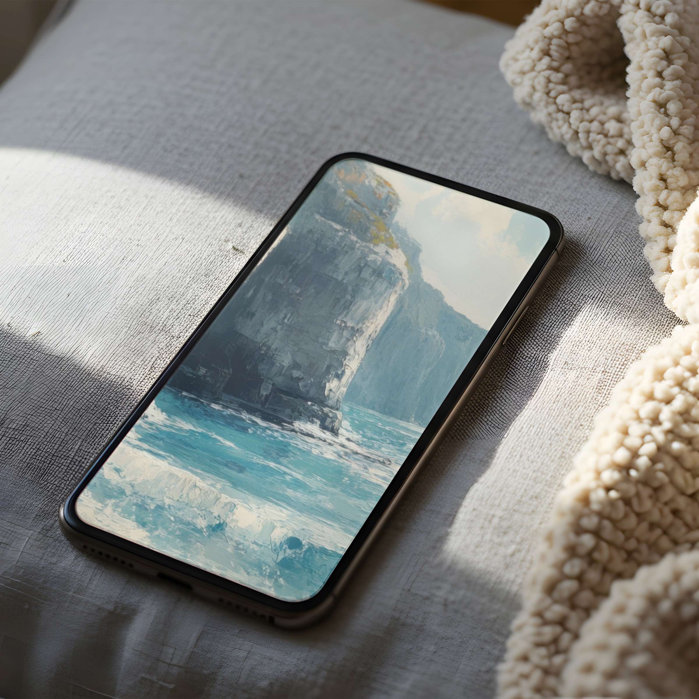 Elegant digital art phone wallpaper featuring serene ocean cliffs in high resolution, perfect for iPhone or Android download