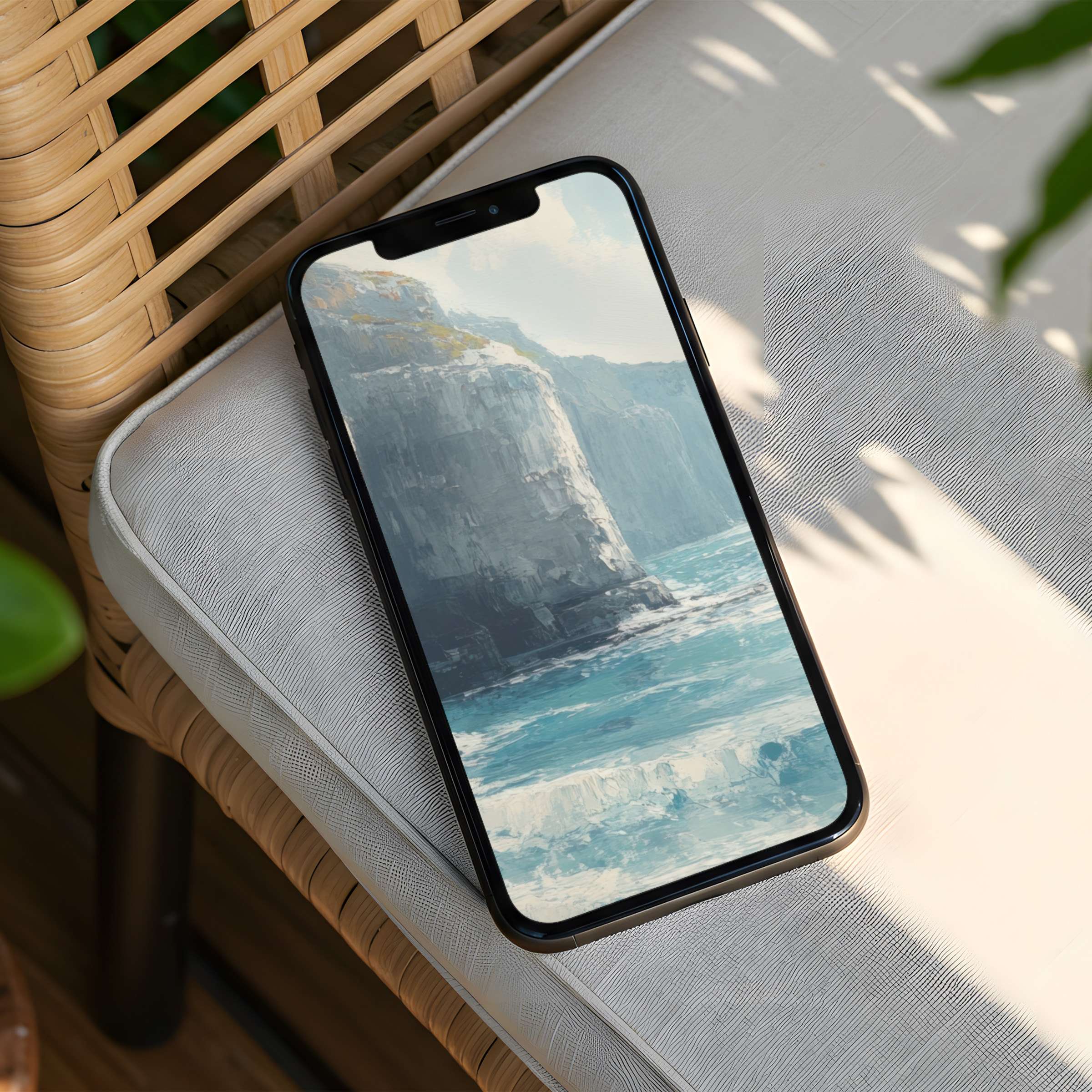 Tranquil coastal art as an iPhone background offers instant download for phone screens, invoking calm and elegance in any setting