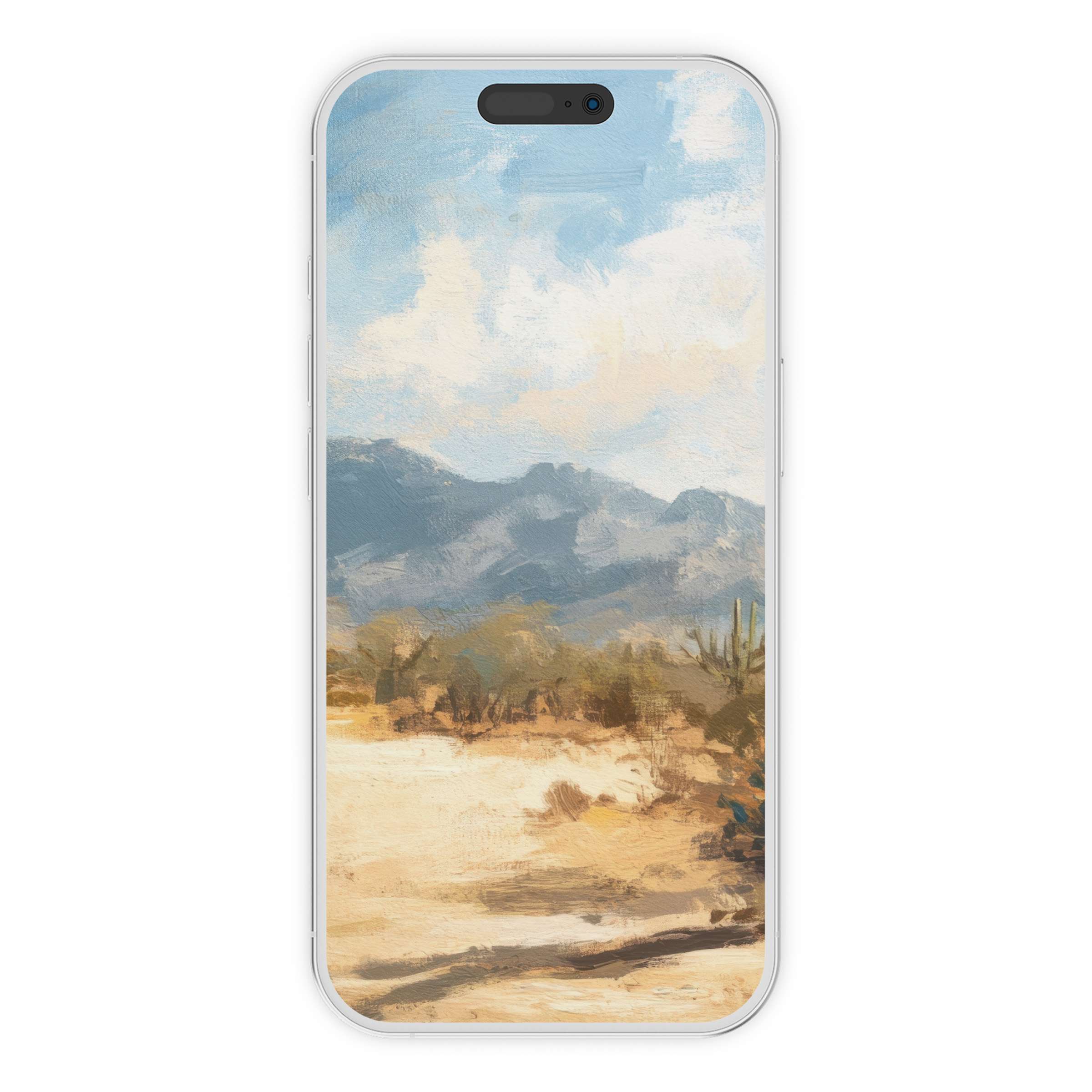 Serene landscape summer iPhone wallpaper with a textured desert background and mountains for an inspiring phone digital download