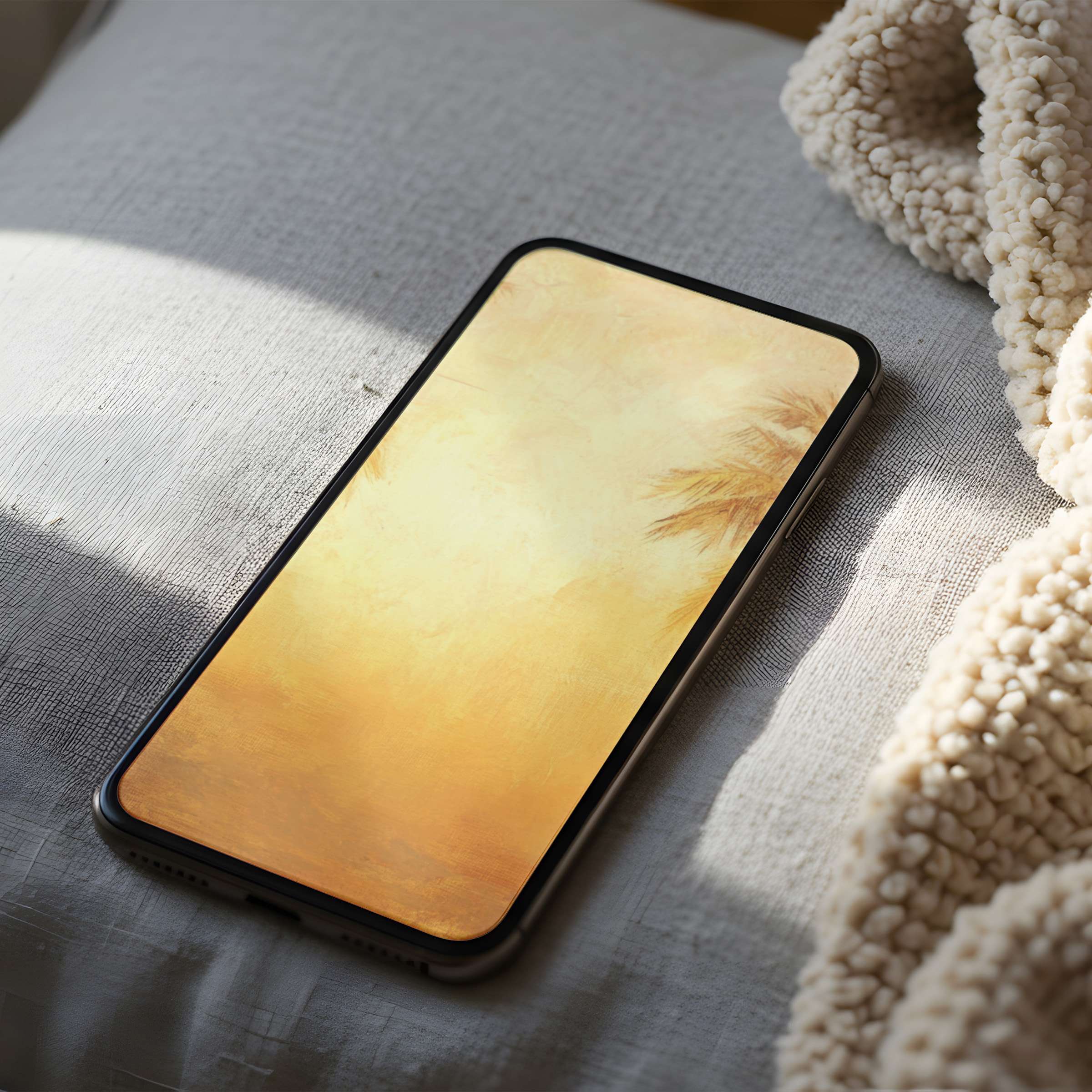 Elegant phone wallpaper with serene golden hues and palm silhouettes, perfect for iPhone and Android, offering a calming digital escape