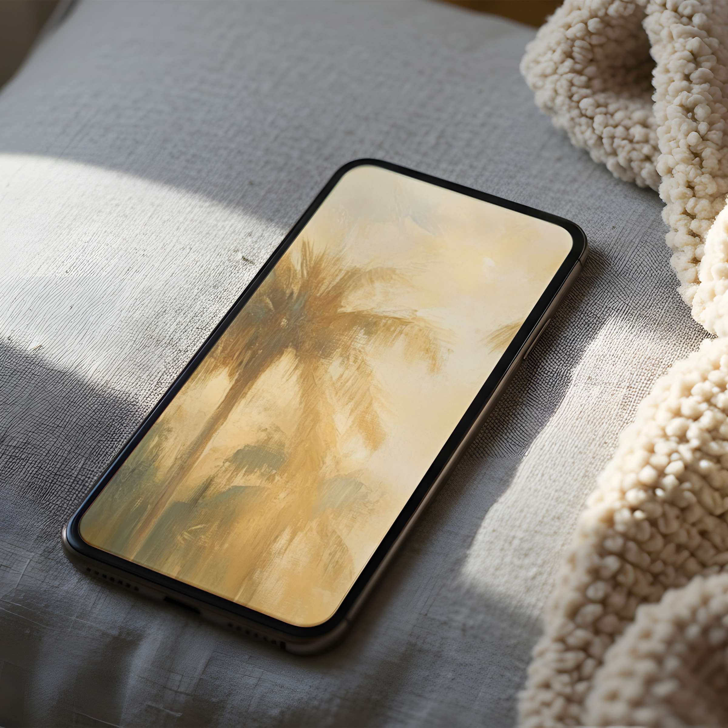 Elegant phone wallpaper with serene palm tree motif in soothing beige tones ideal for high resolution iPhone and Android download