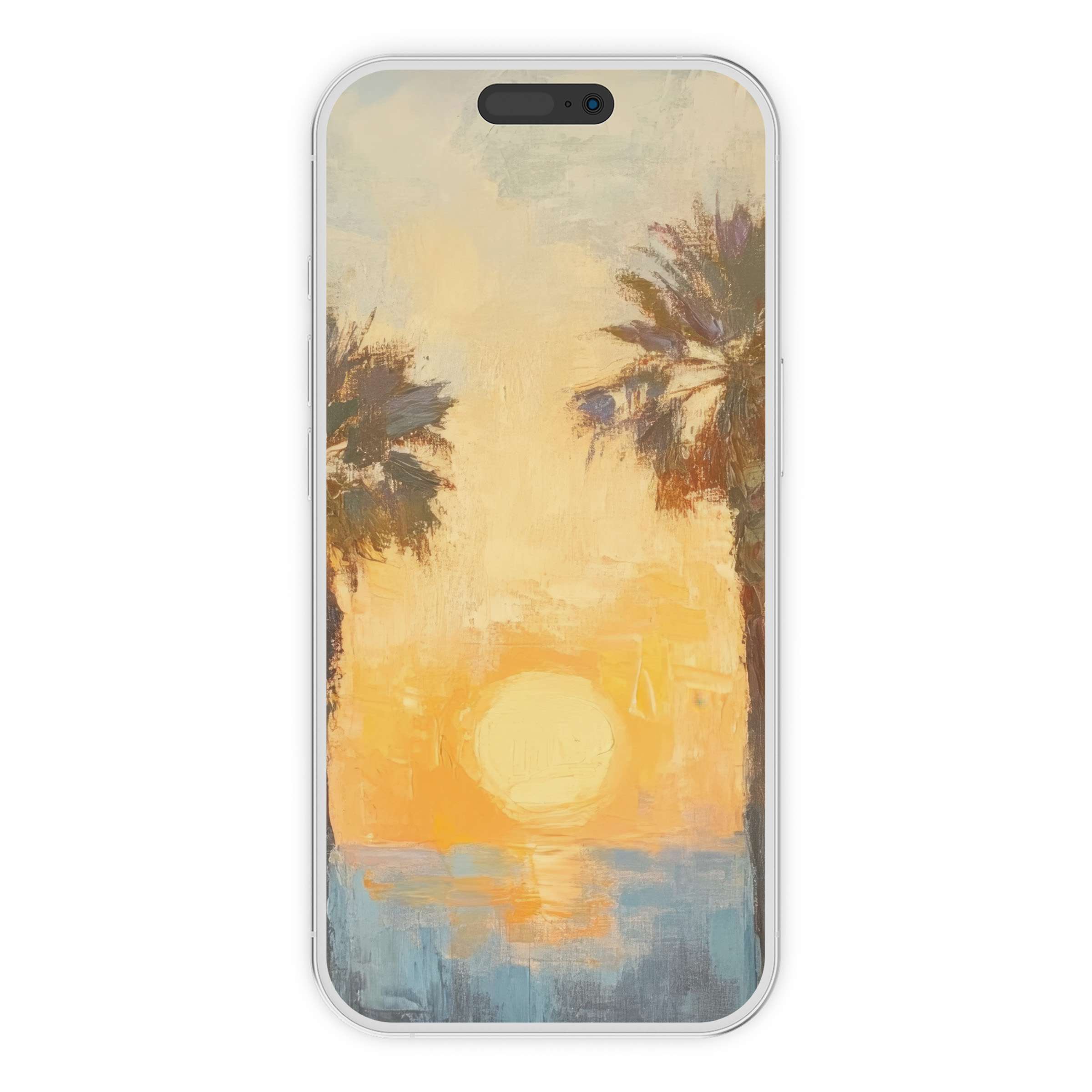 Elegant summer iPhone wallpaper with painted sunset and palm trees offers a serene phone background digital download for both devices