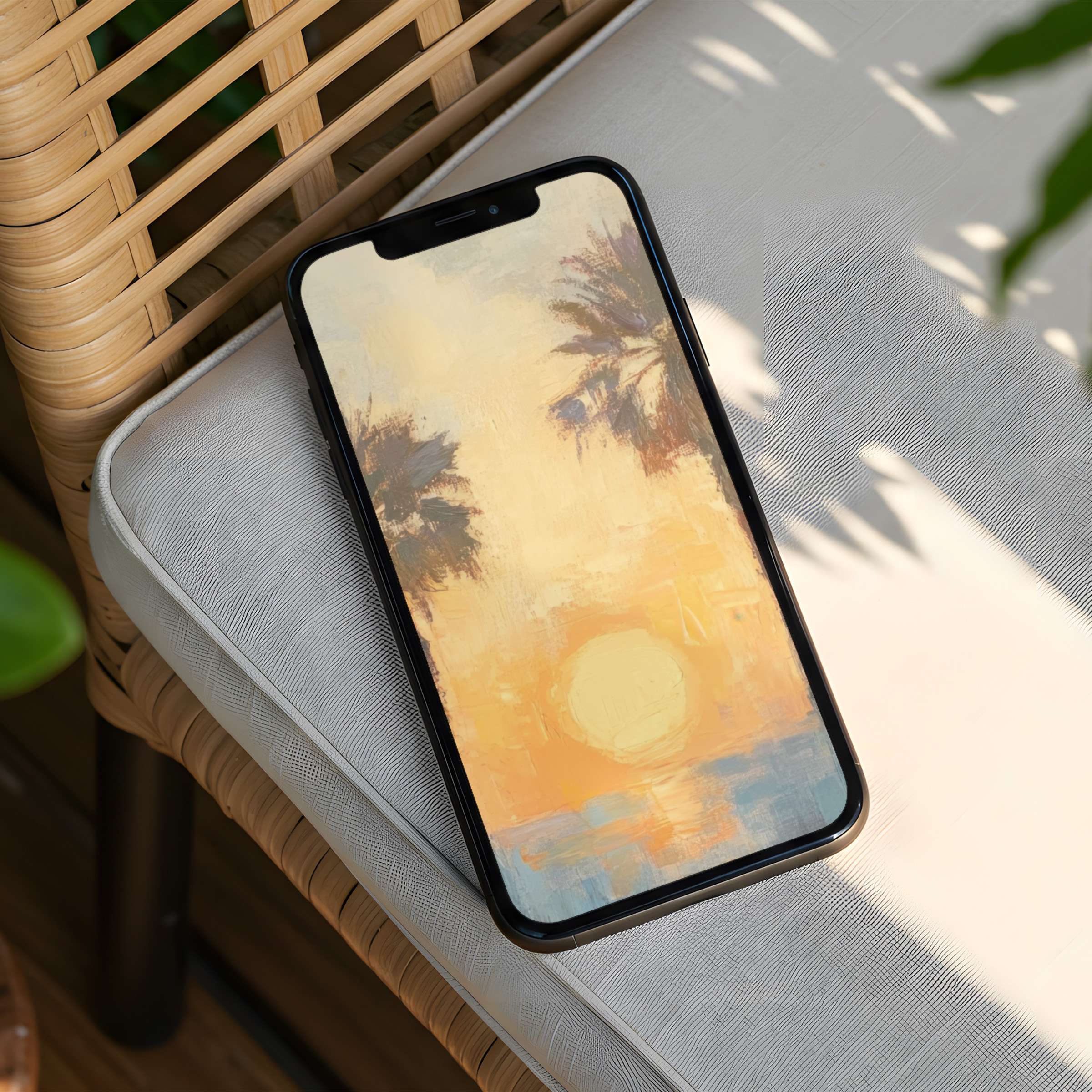 Elegant sunset and palm tree iPhone background offering instant download for serene phone screens inspiring mindfulness and calm