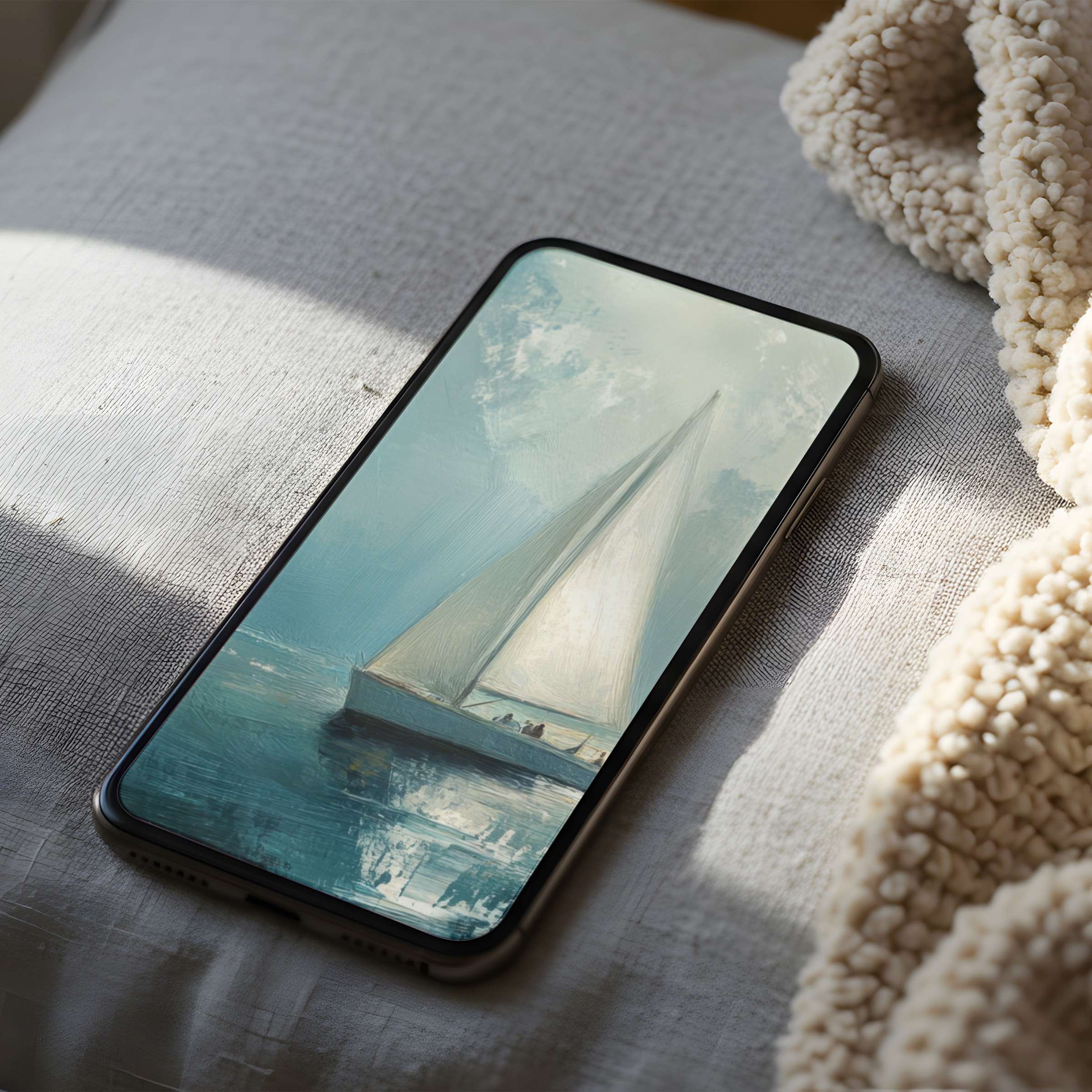 Elegant sailboat-themed phone wallpaper in soothing blues and whites, perfect high resolution for iPhone and android digital download