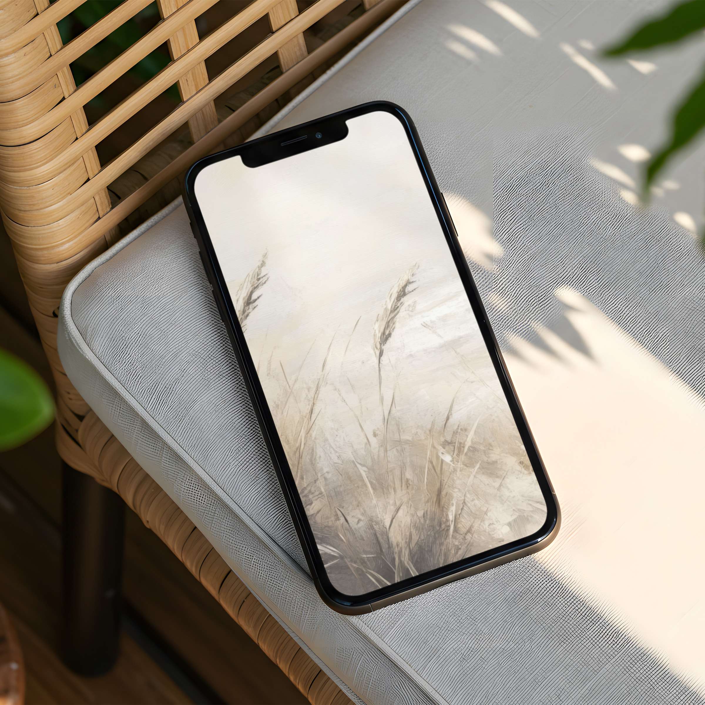 Calm, neutral-toned iPhone background with soft wheat motifs for instant download to inspire your phone screen with elegance and style