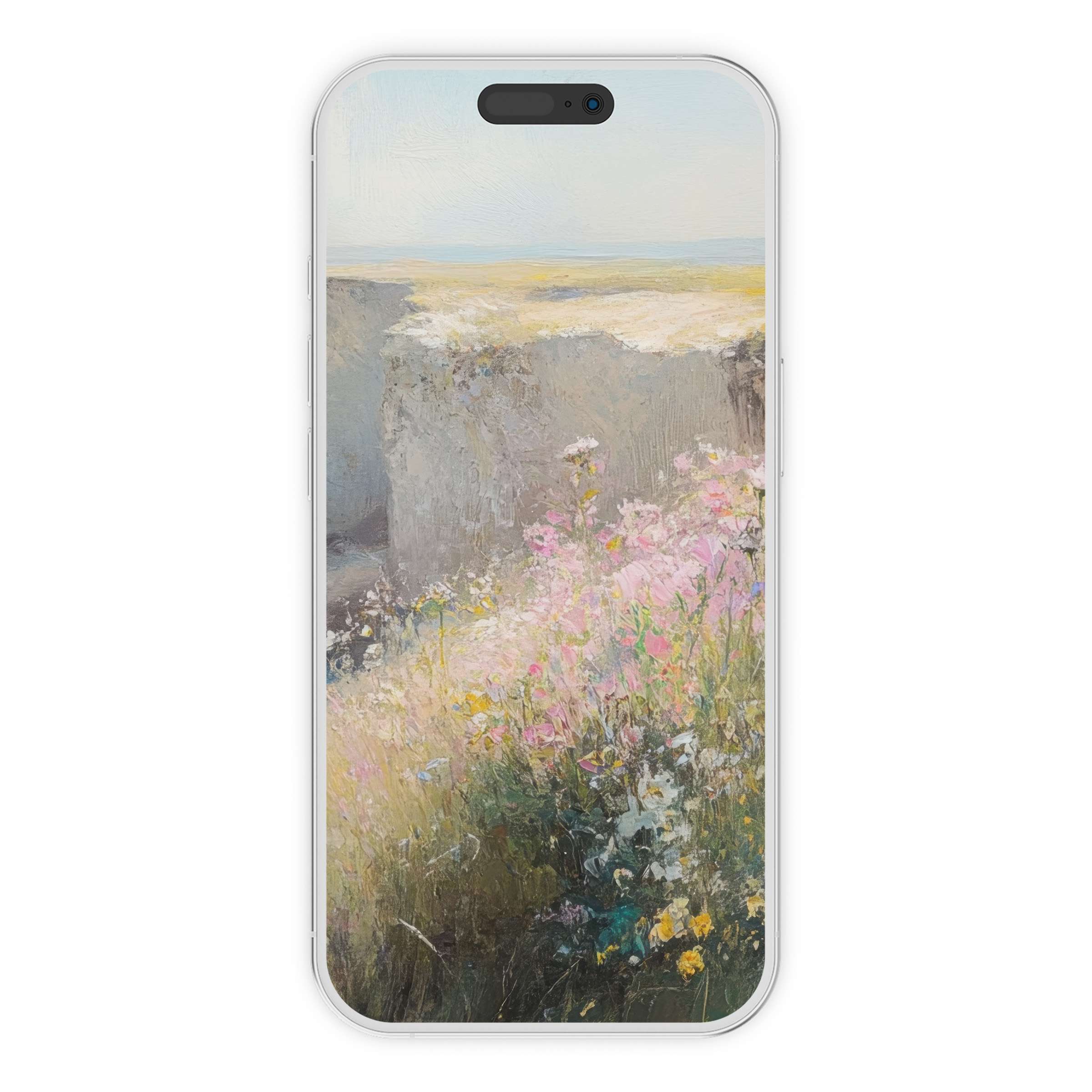 Serene summer iPhone wallpaper with pastel wildflowers and cliff textures, perfect for phone background digital download, evokes tranquility