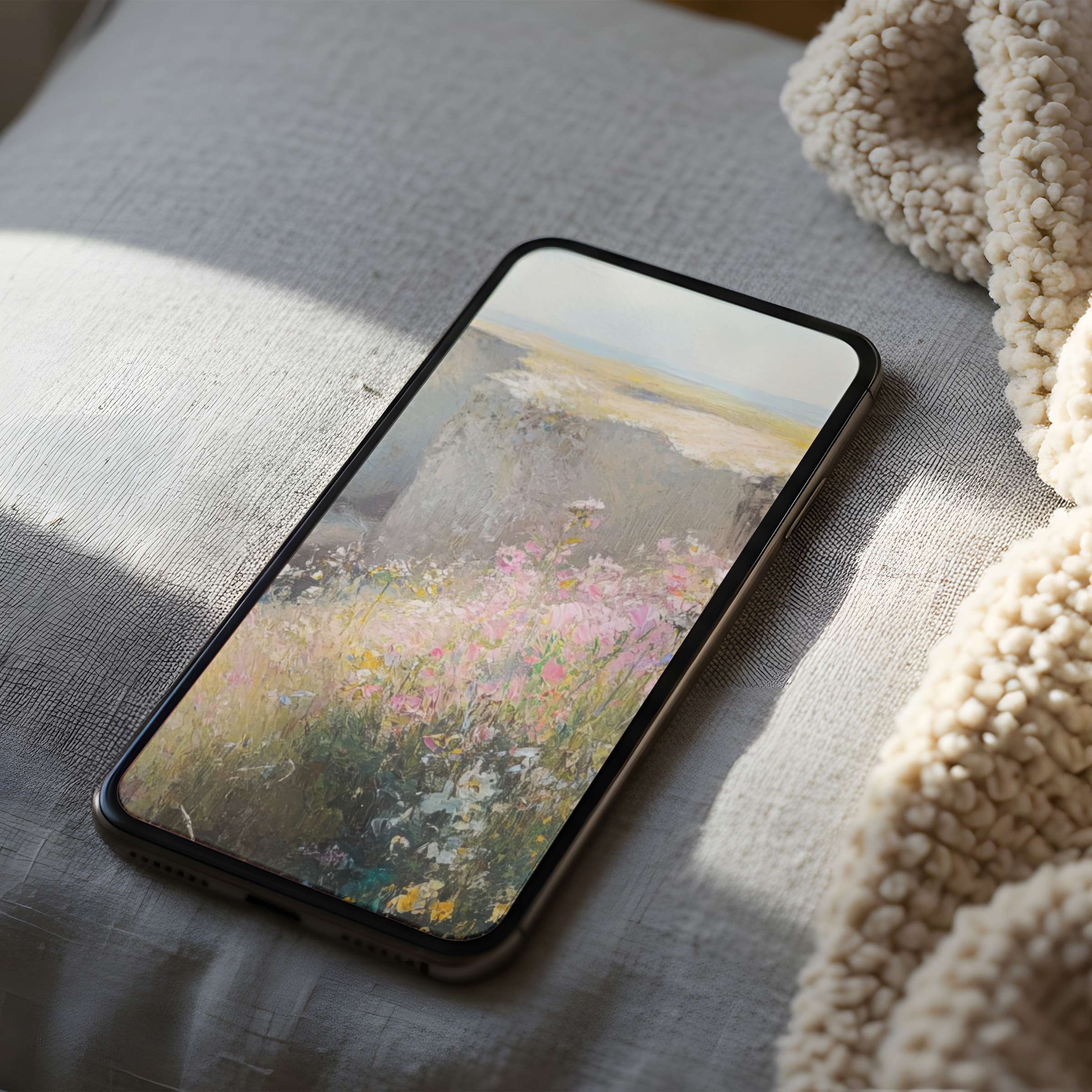 Serene landscape art phone wallpaper with soft pastels and wildflowers, enhancing phone aesthetics for iPhone and Android digital download