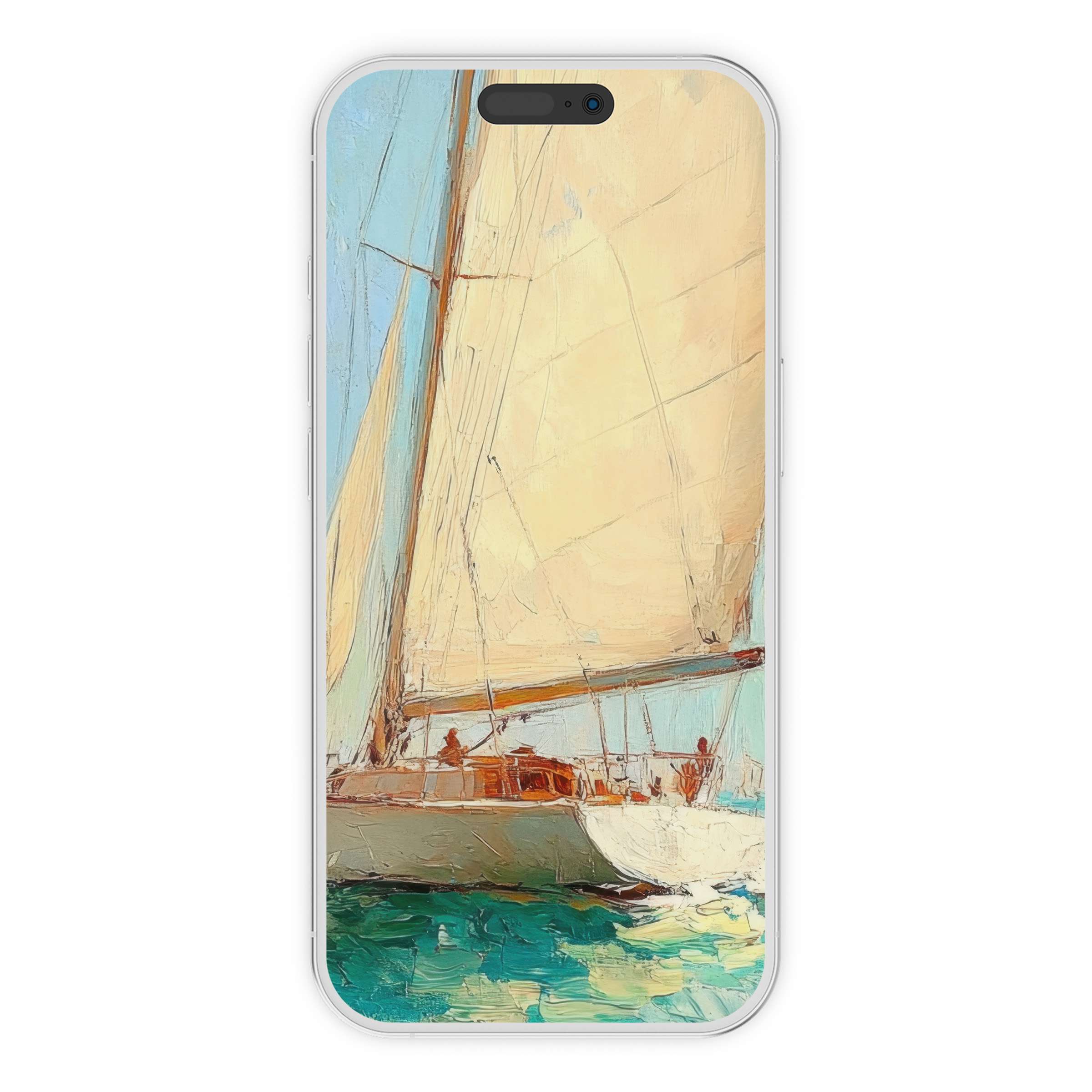 Summer iPhone wallpaper featuring elegant sailboat oil painting, perfect phone background for digital download and tranquility