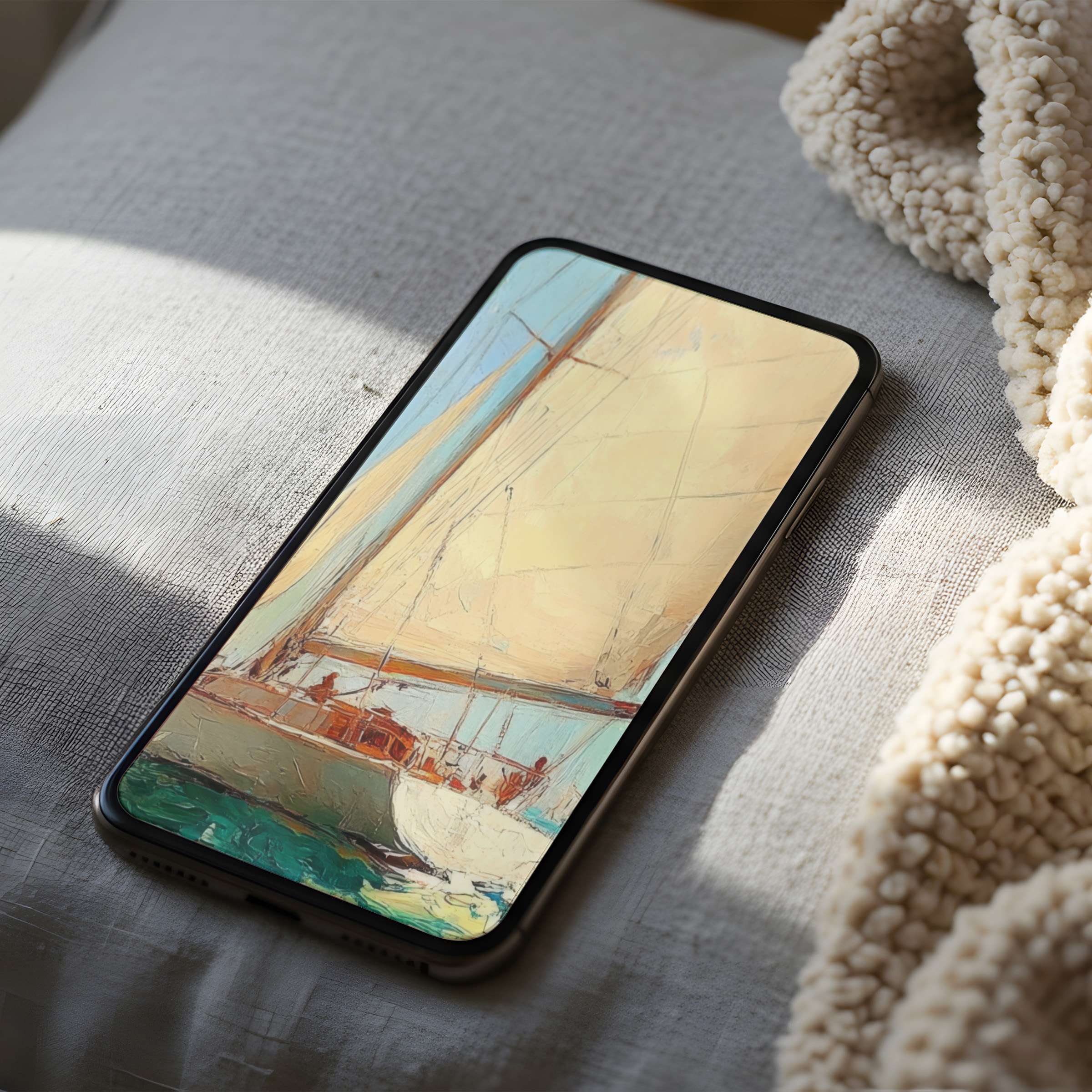 Sailboat artistry phone wallpaper in soft pastels offers high-resolution serenity for iPhone and Android, calming digital download