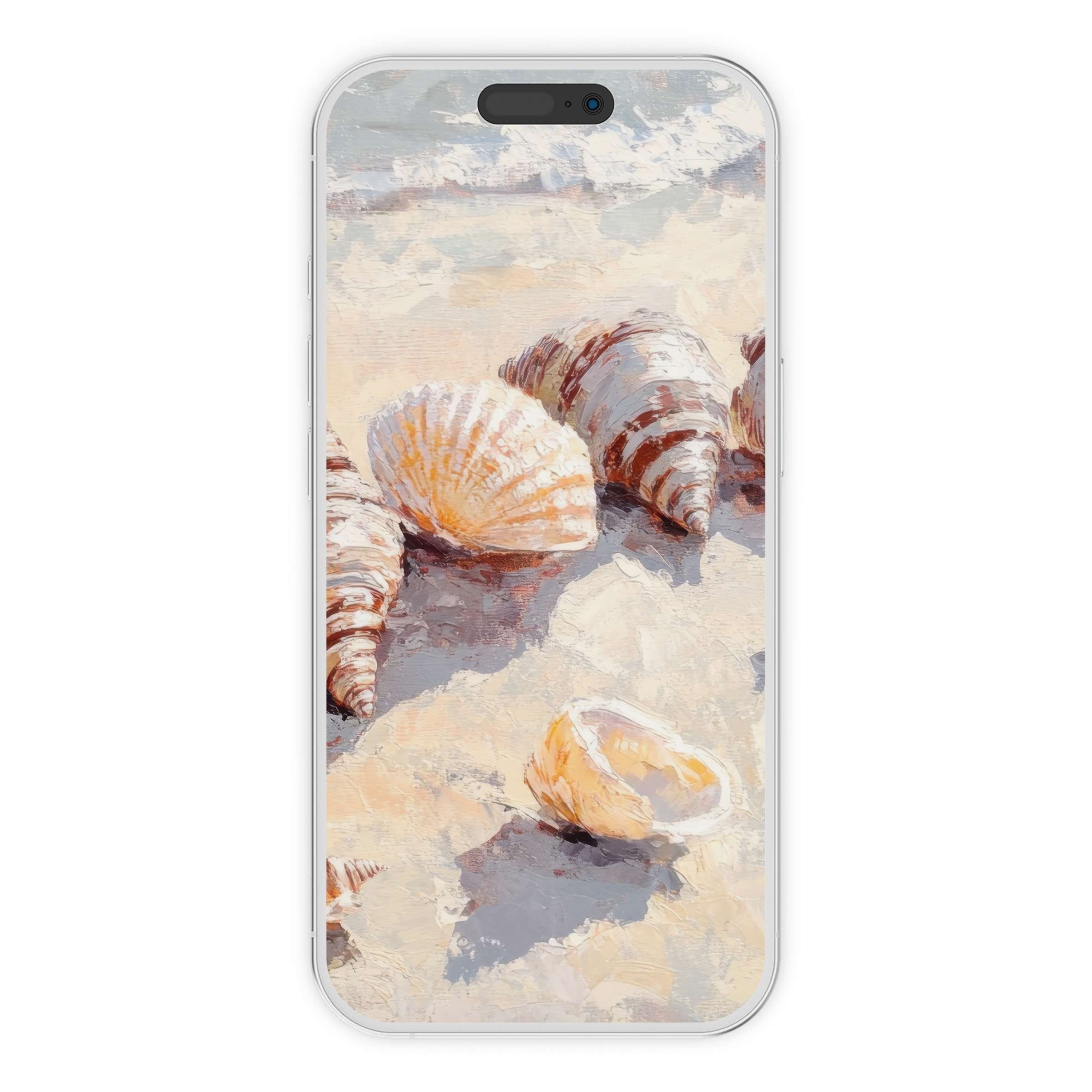 Elegant summer iPhone wallpaper featuring serene seashells on a sandy shore digital download ideal phone background for tranquility