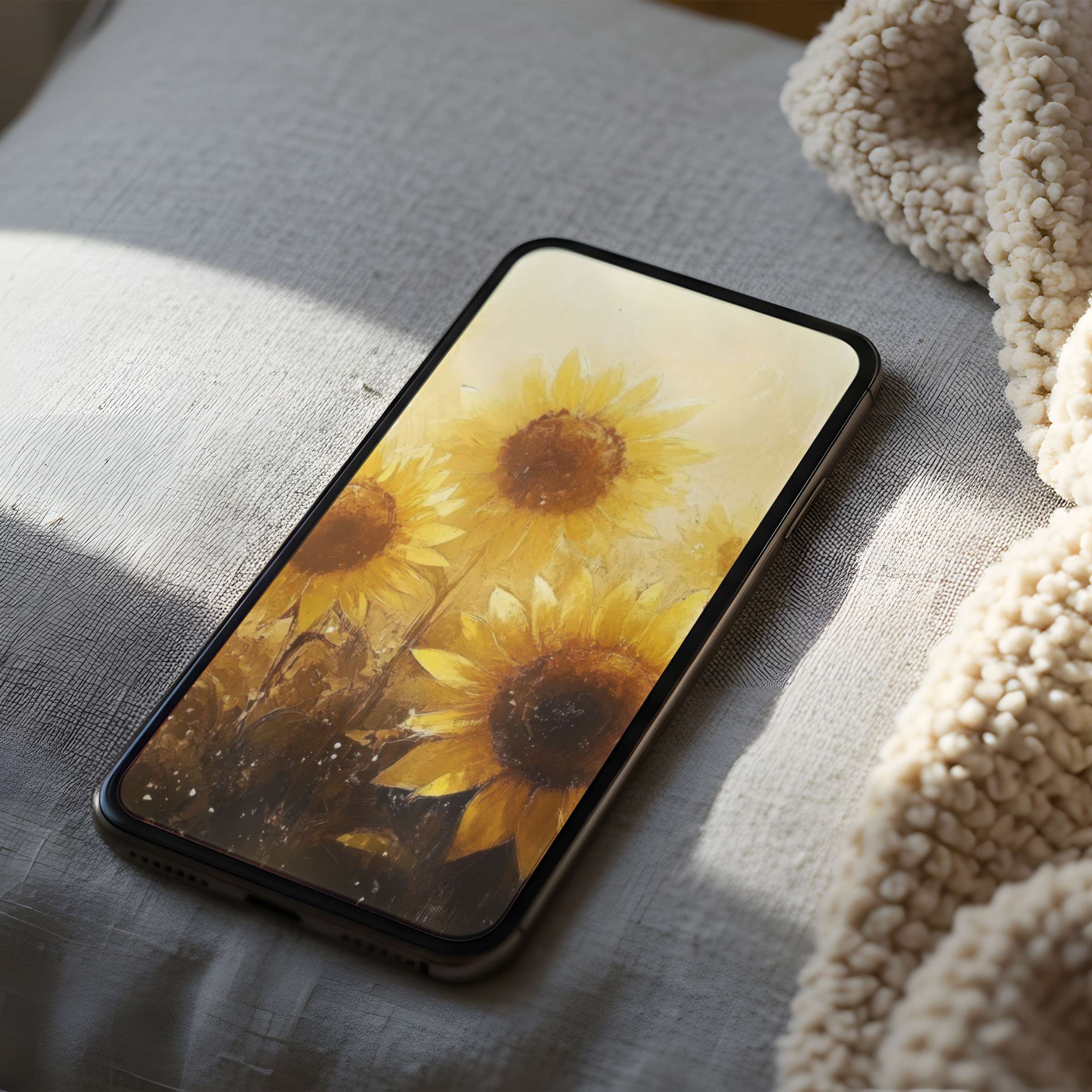 Sunflower phone wallpaper in high resolution evokes warmth and serenity, perfect for iPhone and Android digital download