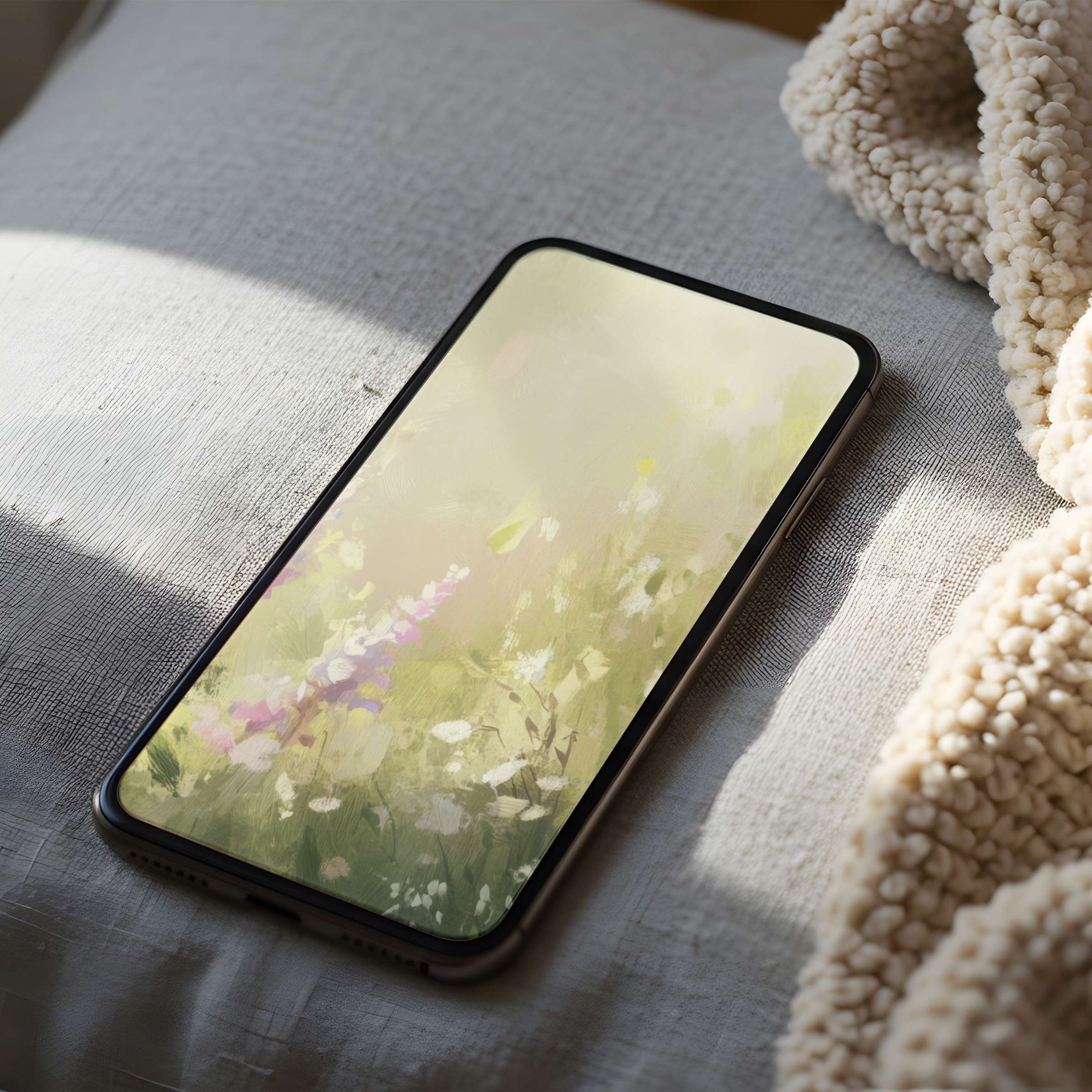 Elegant phone wallpaper featuring serene floral motifs in soft pastels, perfect for iPhone and Android, offering a peaceful digital download