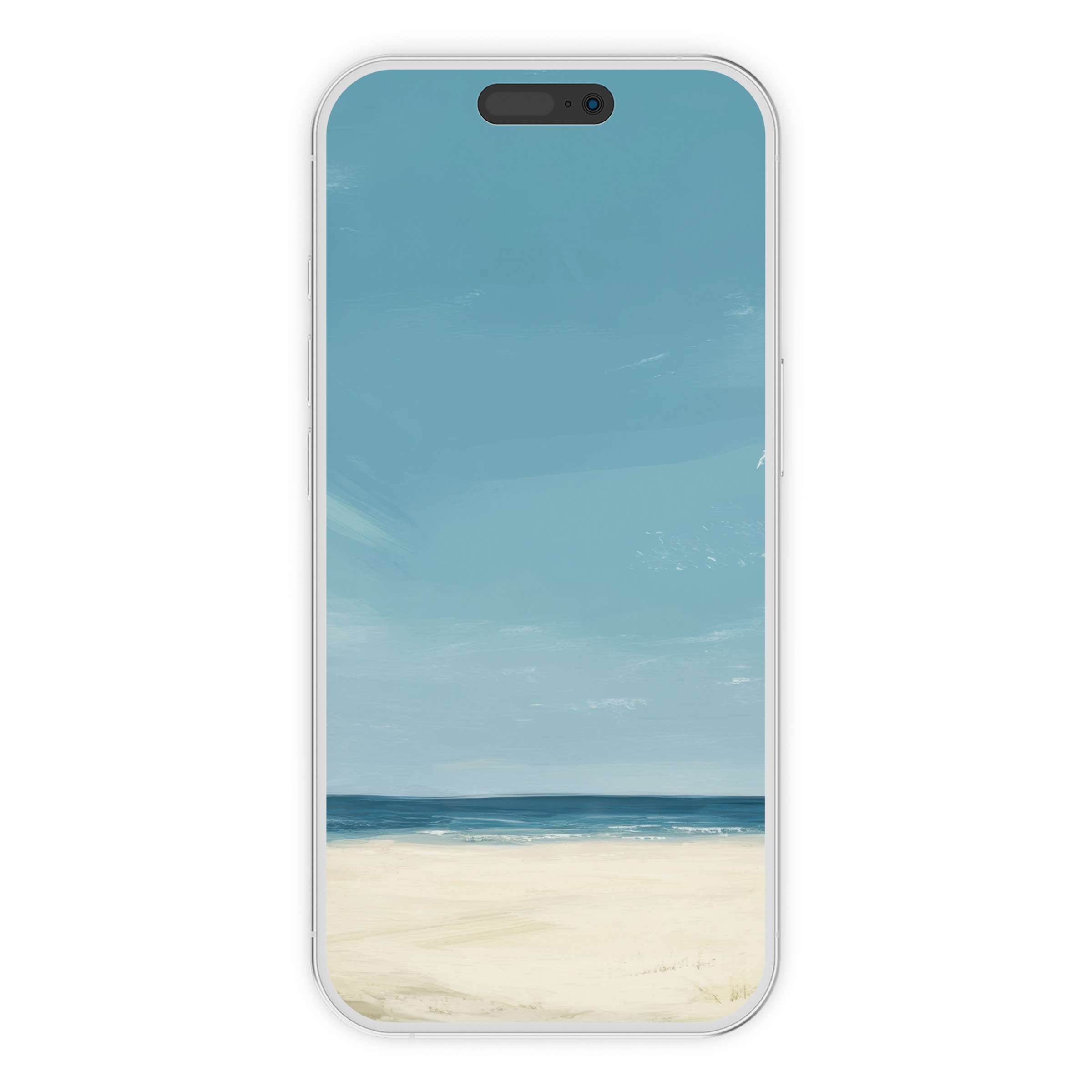 Serene summer iPhone wallpaper with sandy beach and tranquil ocean view, perfect phone background as a digital download for relaxation