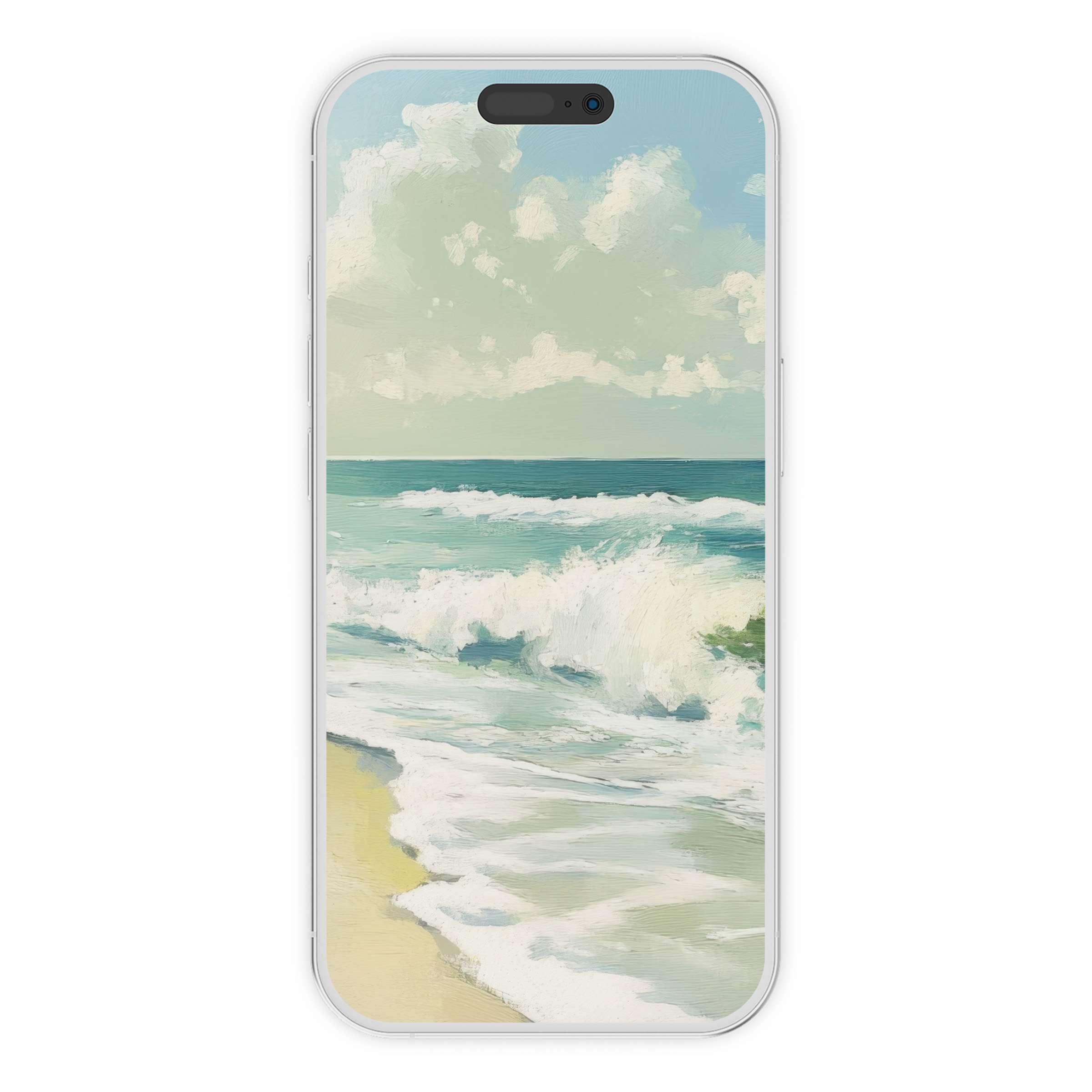 Elegant summer iPhone wallpaper featuring calming waves and sandy beach, perfect digital download for phone serene background vibes