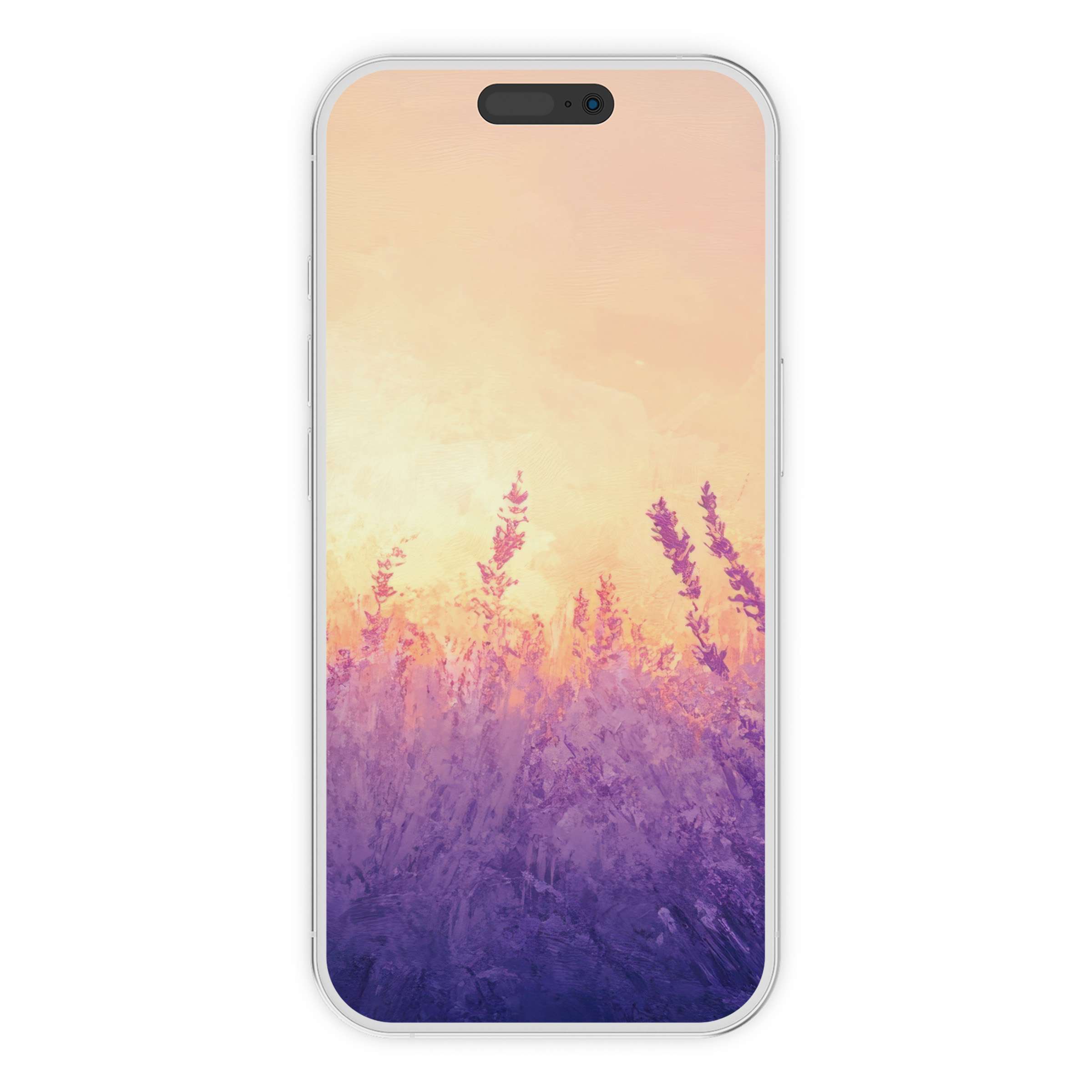 Elegant summer iPhone wallpaper with pastel sunset hues and lavender fields, perfect phone background for digital download serenity