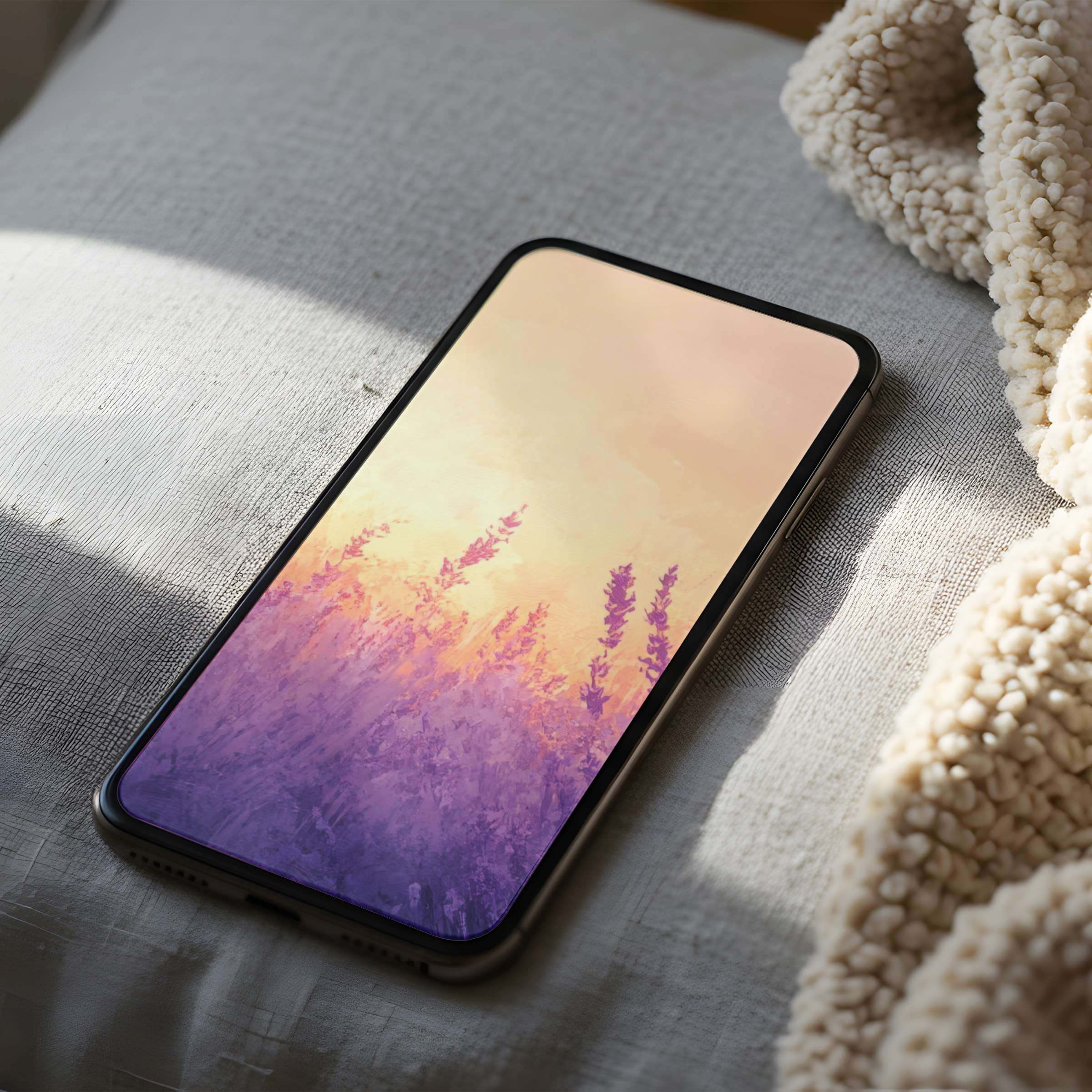 Lavender field phone wallpaper in soft purple and peach hues offers high resolution for iPhone and Android, evoking serene elegance