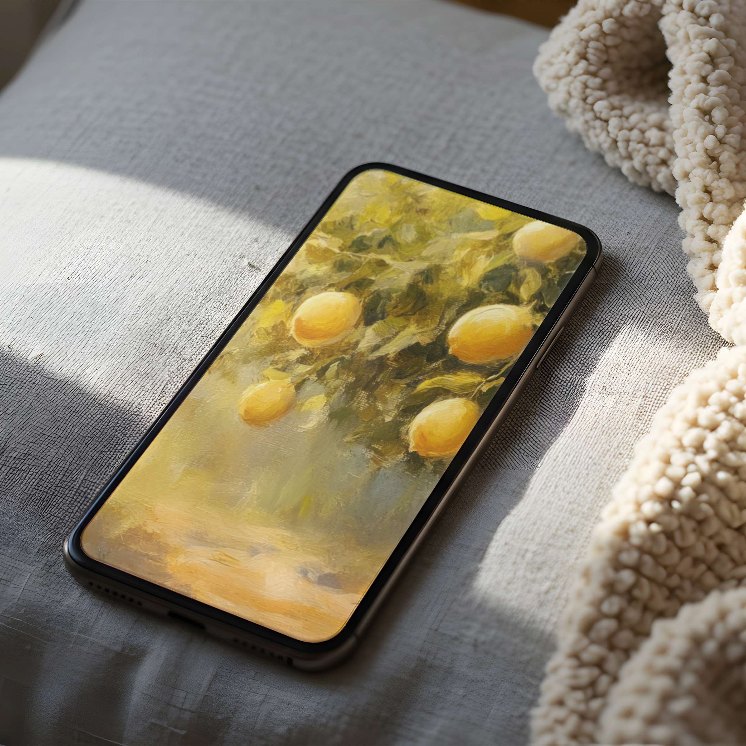 Elegant lemon-themed phone wallpaper featuring serene brushstrokes in high resolution offers calming aesthetics for iPhone and Android users
