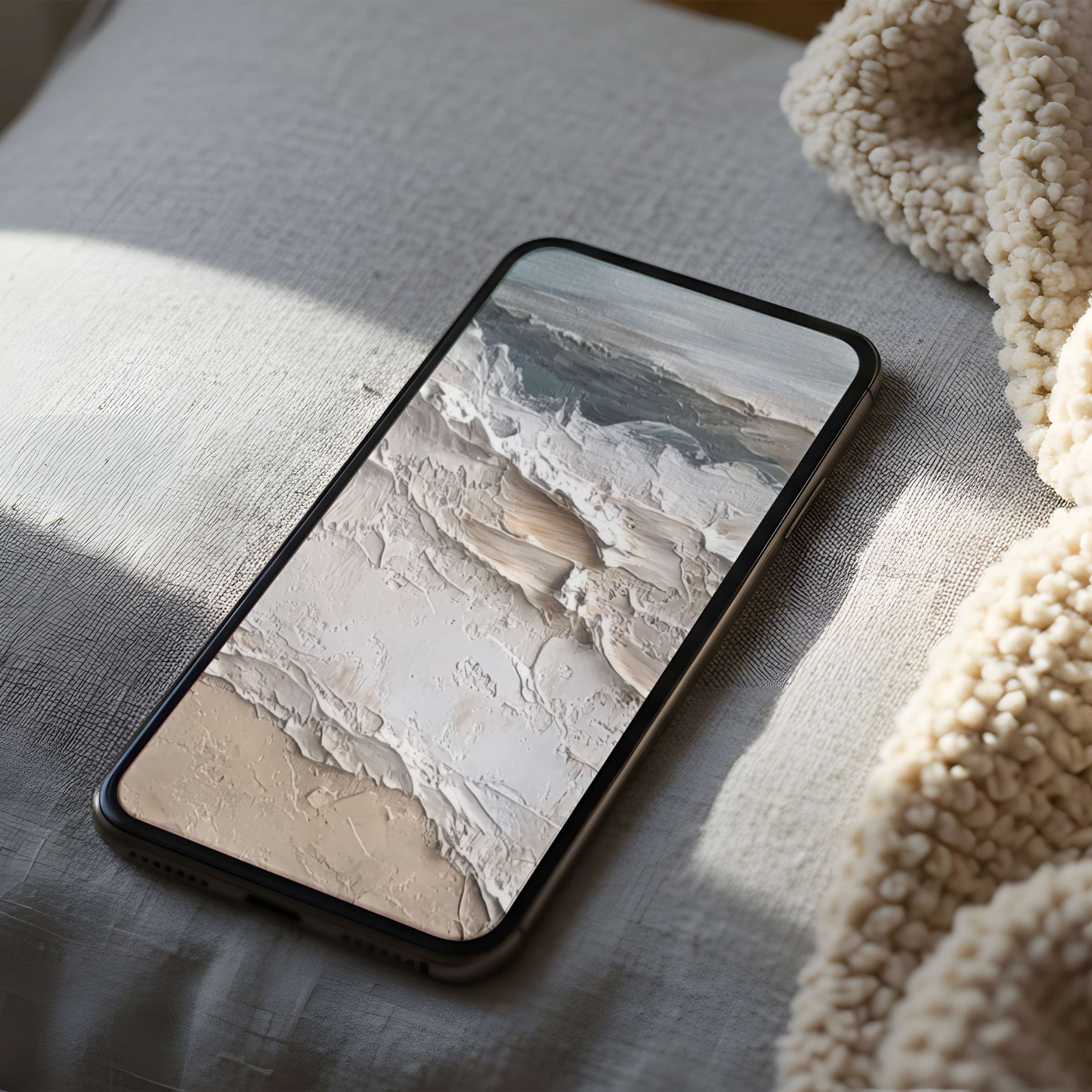 Calming abstract phone wallpaper with neutral textures, perfect for iPhone and Android, offering high-resolution digital download benefits