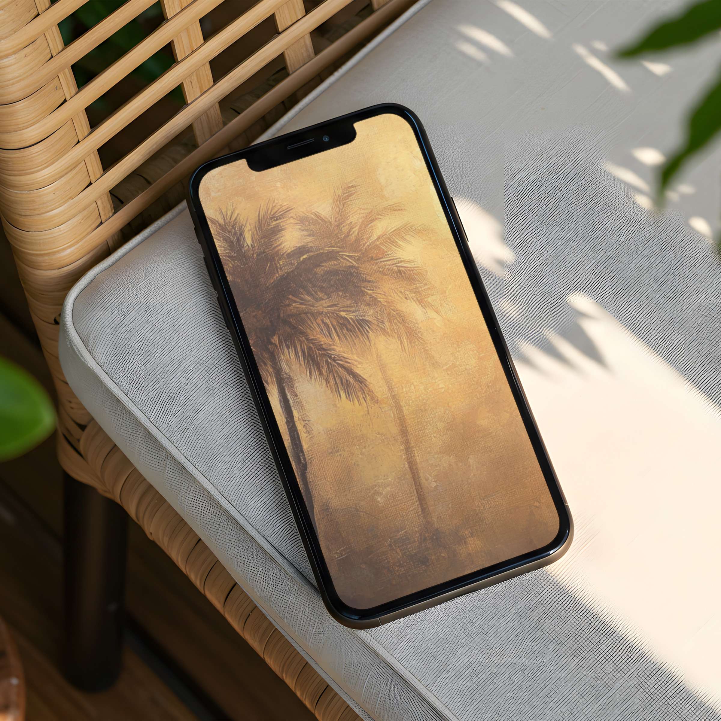 Elegant iPhone background of serene palm silhouettes with warm hues for instant download to inspire mindfulness on your phone