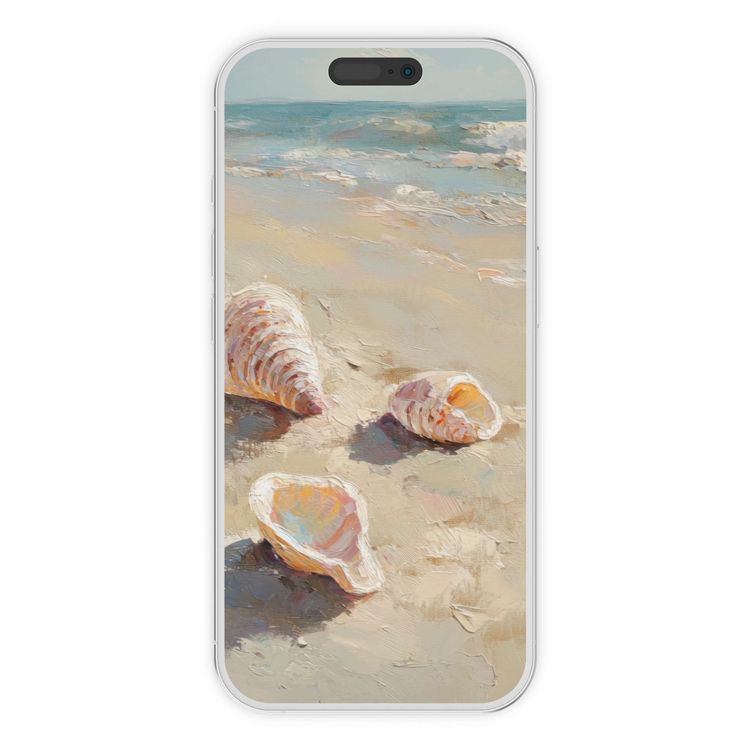 Elegant summer iPhone wallpaper with serene beach and shell art offers a soothing digital download for phone backgrounds