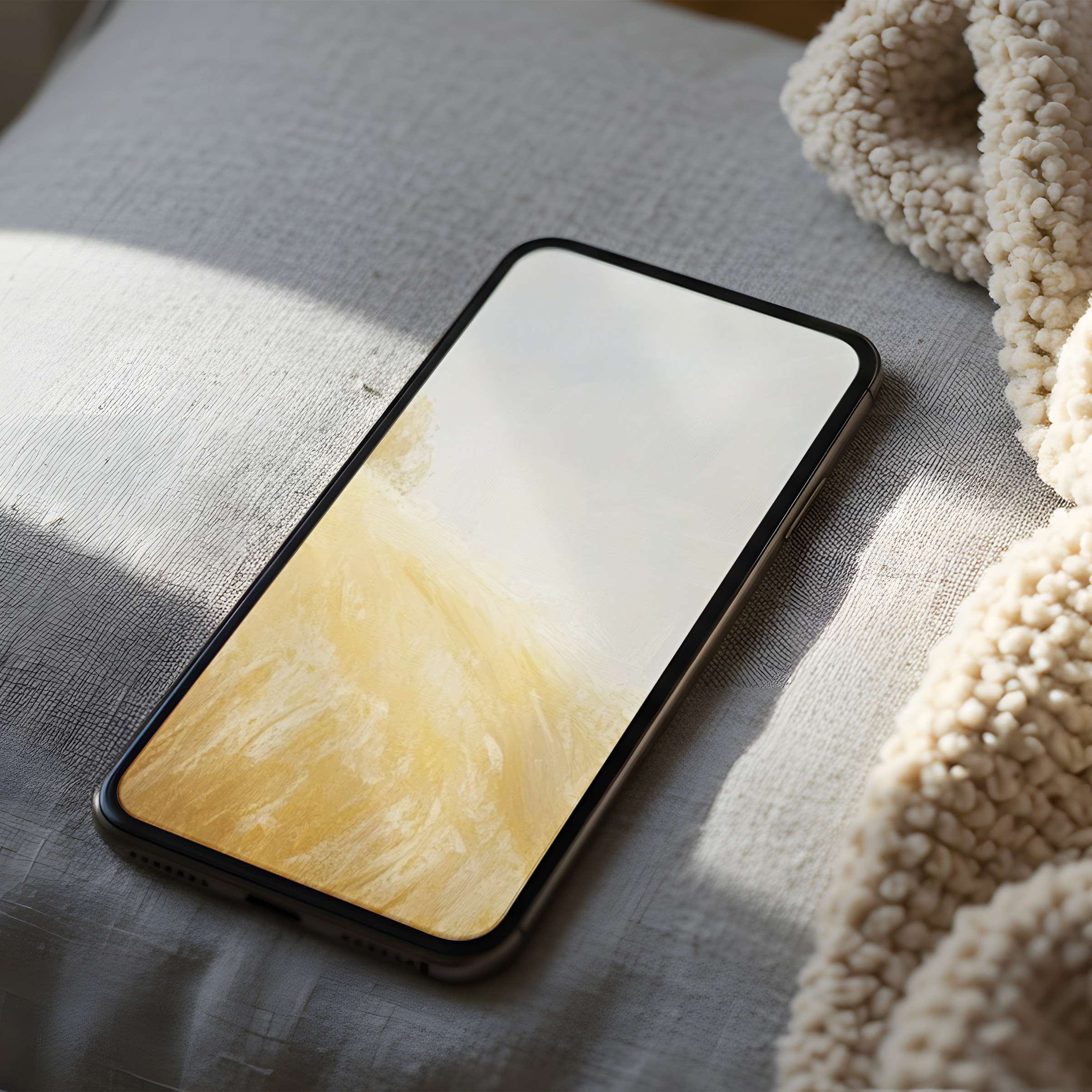 Elegant abstract phone wallpaper featuring soft golden hues on a bed, perfect for high-resolution iPhone and Android download