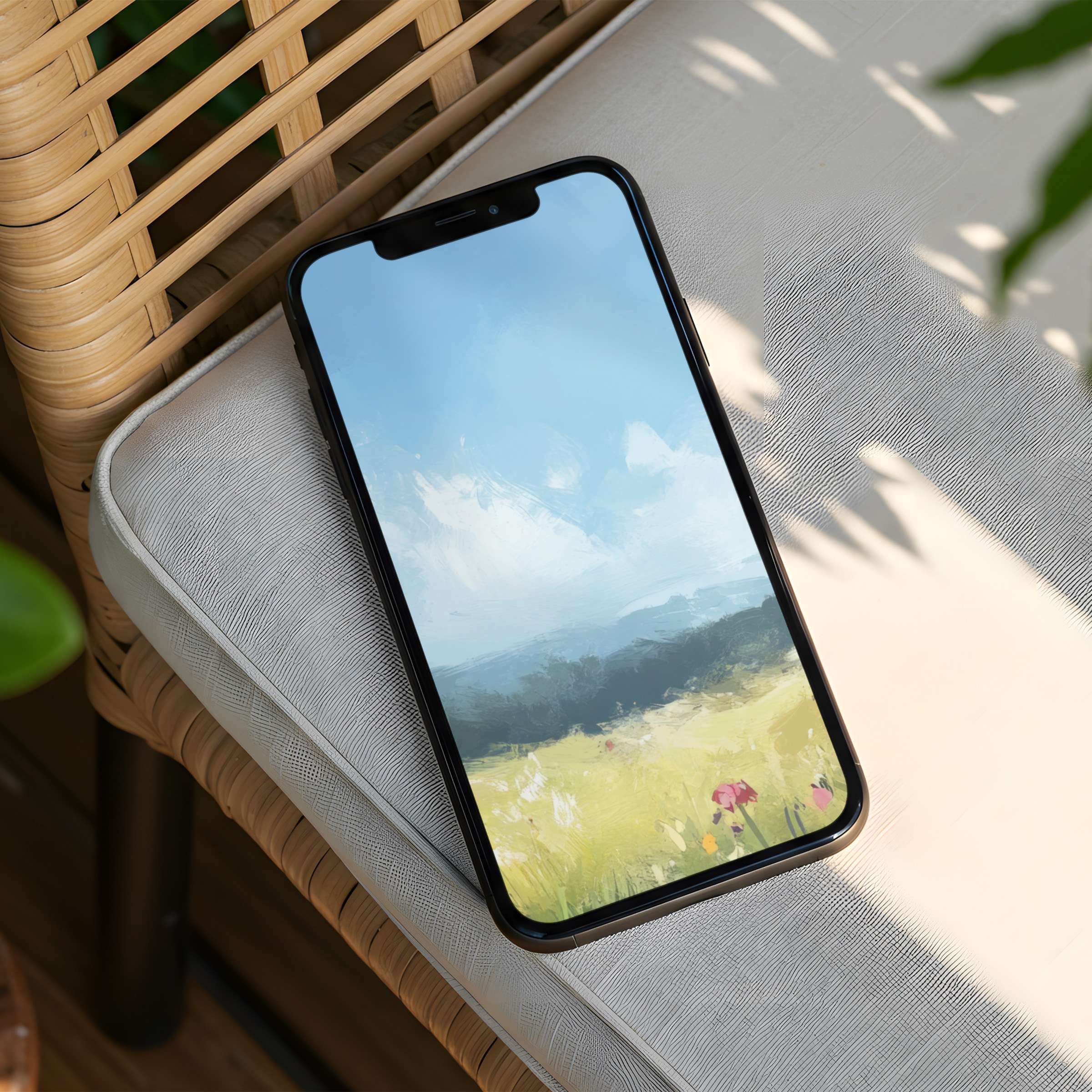 Tranquil iPhone background featuring a serene landscape painting with soft pastels evokes calm and inspiration, perfect for instant download to your phone