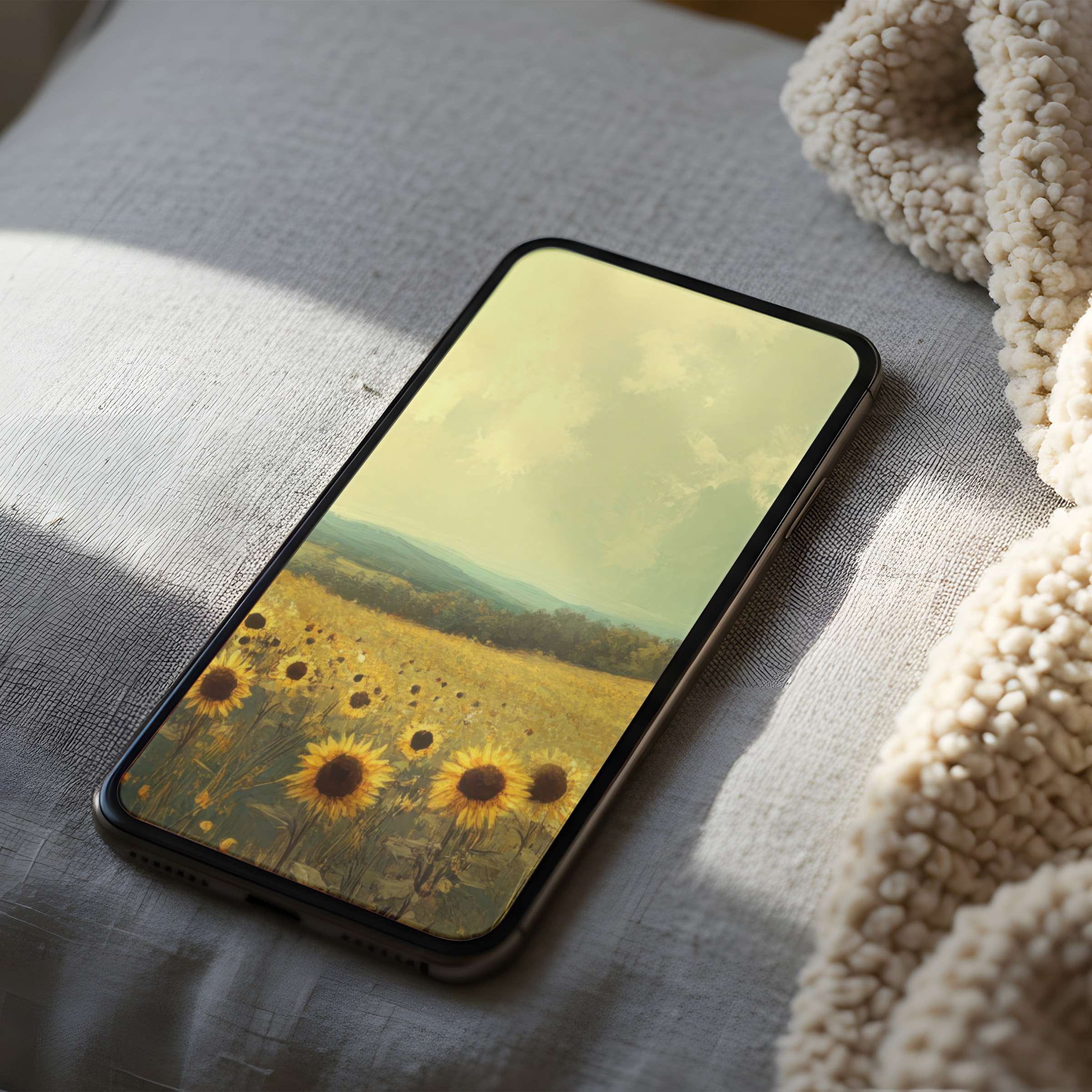 Sunlit sunflower field phone wallpaper offering serene elegance and high resolution, perfect for iPhone and Android digital downloads