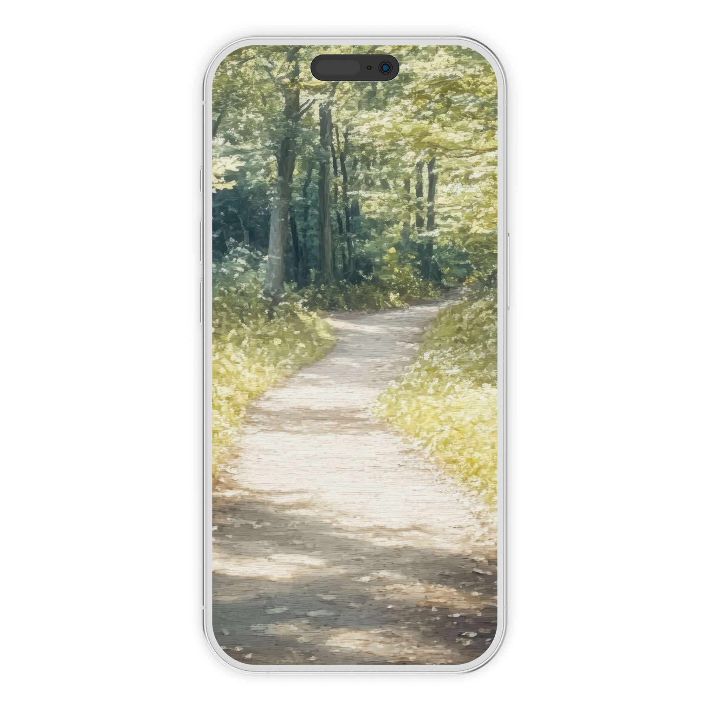 Serene summer iPhone wallpaper featuring a sunlit forest path painted artistically for a calming phone background digital download