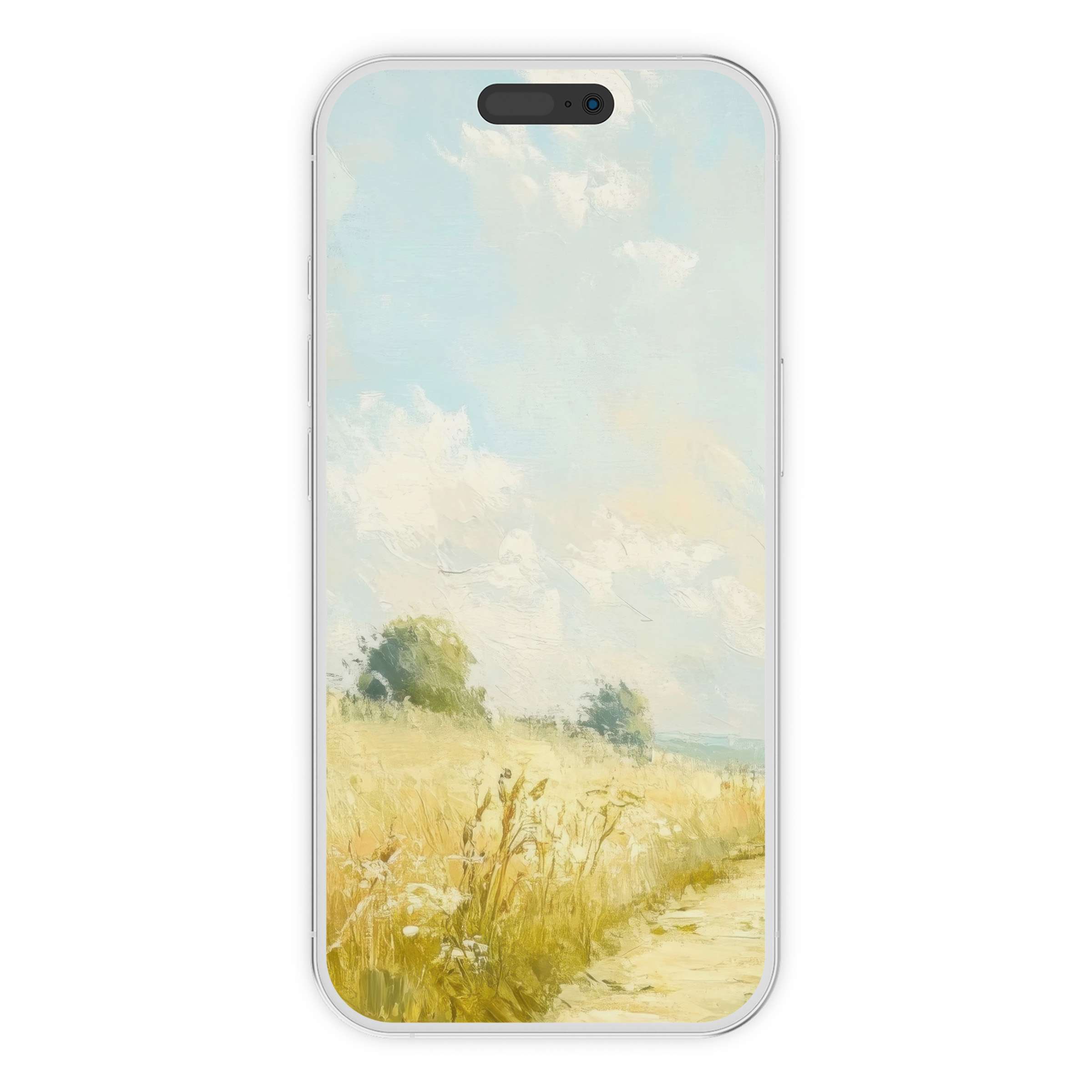 Serene summer iPhone wallpaper featuring a peaceful field under soft clouds offers a calming phone background as a digital download
