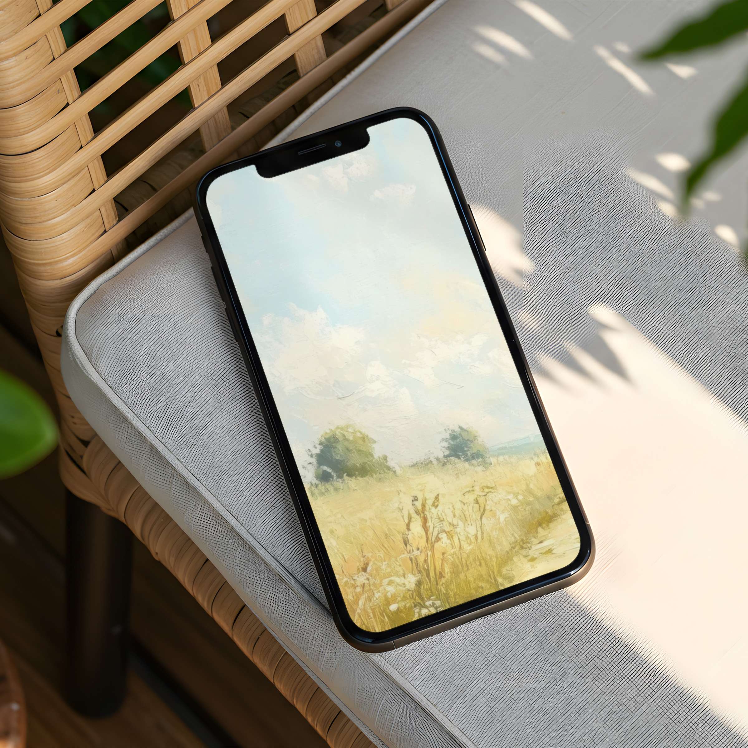 Elegant phone screen displaying a serene landscape, perfect iPhone background for mindfulness and inspiration, instant download available