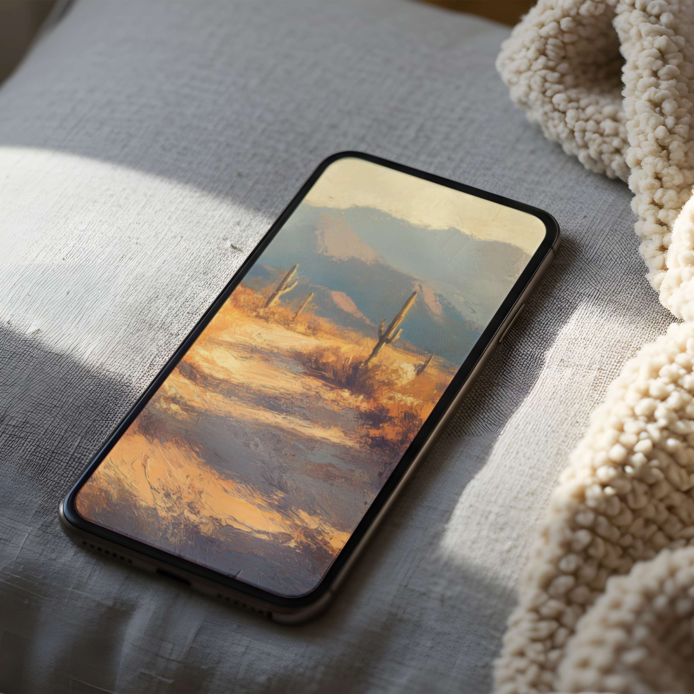 Elegant desert landscape phone wallpaper with warm hues and serene cacti for a cozy, high-resolution digital download suitable for iPhone and Android