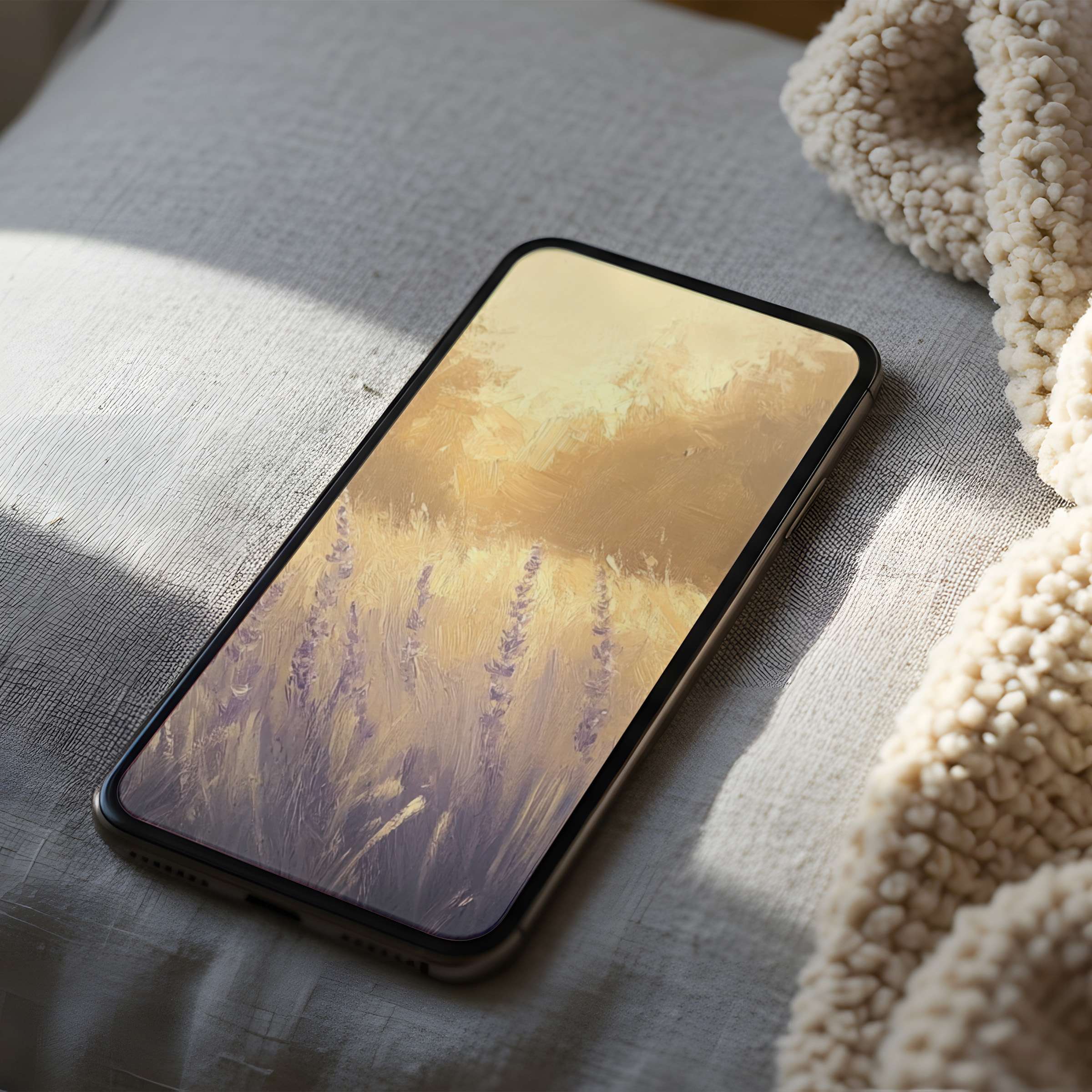 Elegant phone wallpaper featuring serene lavender fields in soft pastels, perfect high resolution digital download for iPhone and android use