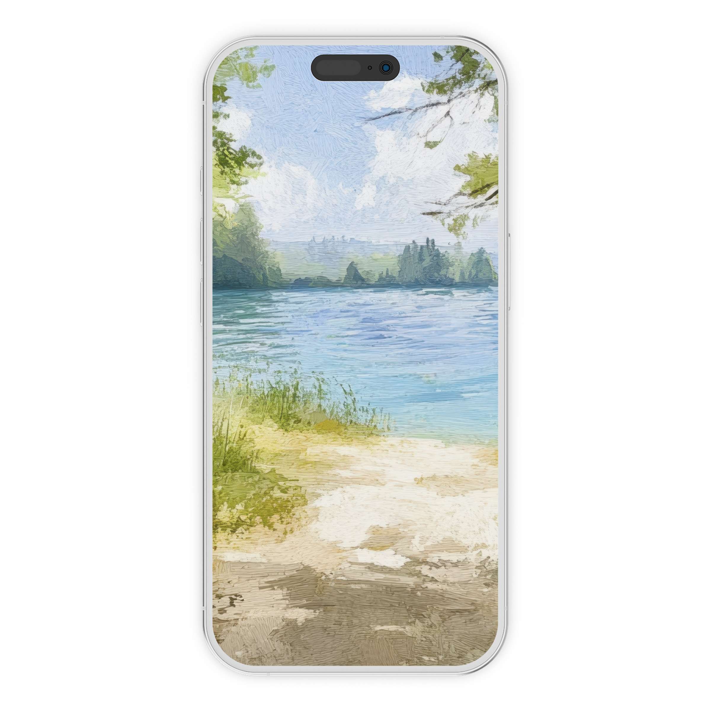 Serene summer iPhone wallpaper featuring a peaceful lakeside view enhances phone background with calm digital download artistry